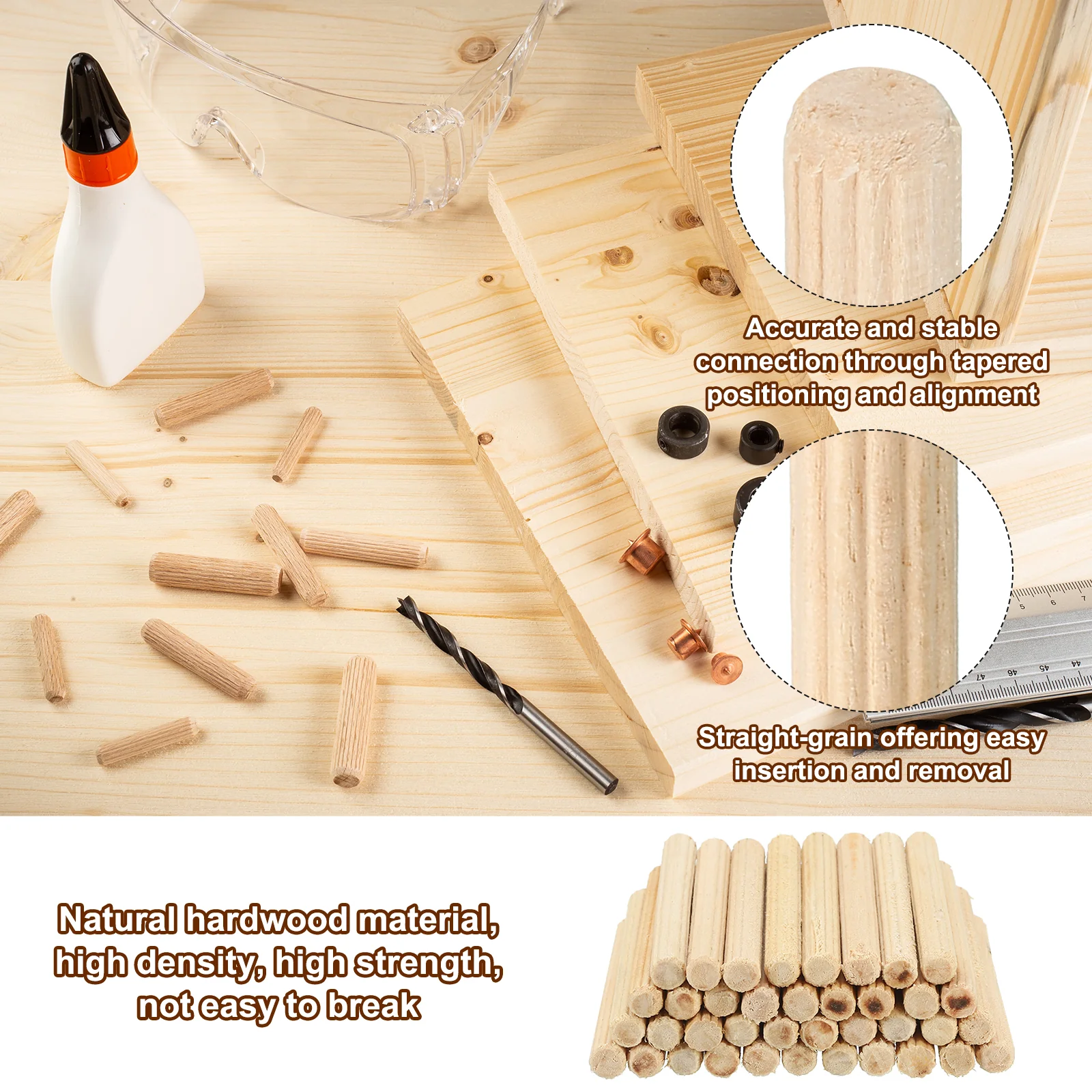 1/4"x2 11/32" Wood Dowel Pins,90 Pack Fluted Wooden Dowel Pin Straight Groove - Image 3