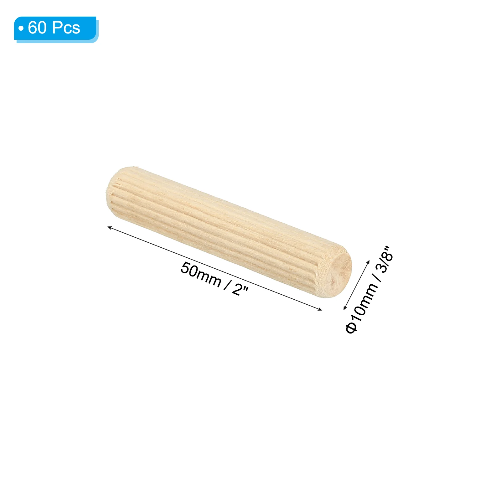 3/8"x2" Wood Dowel Pins,60 Pack Fluted Wooden Dowel Pin Straight Groove Rods - Image 2