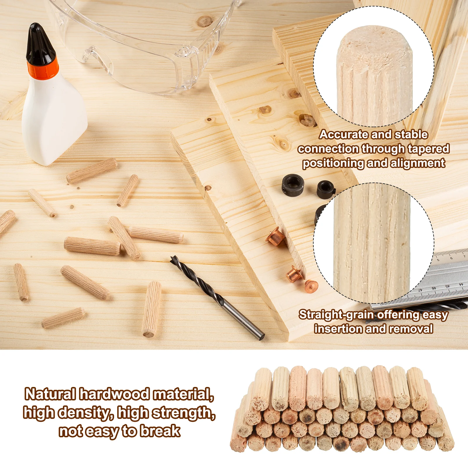 3/16"x31/32" Wood Dowel Pins,200 Pack Fluted Wooden Dowel Pin Straight Groove - Image 3