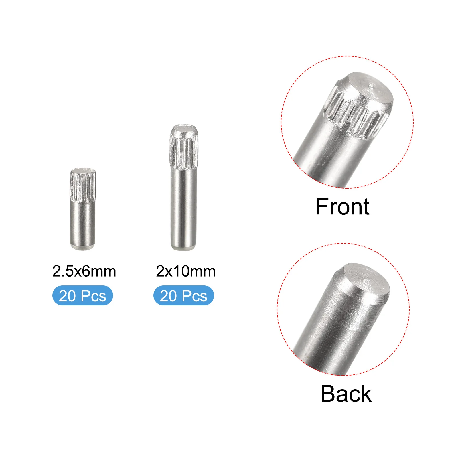 Uxcell 304 Stainless Steel Dowel Pins, 20Pcs 2.1x2mm and 20Pcs 2.6x3mm Knurled Head - Image 3