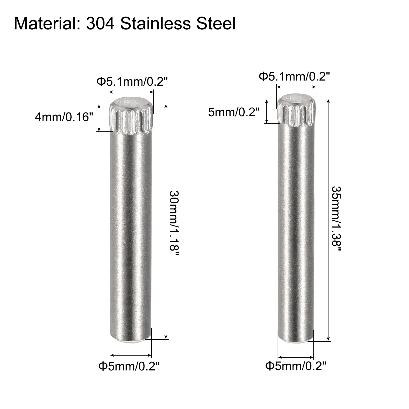 Uxcell 304 Stainless Steel Dowel Pins, 20Pcs 5.1x4mm and 20Pcs 5.1x5mm Knurled Head - Image 2