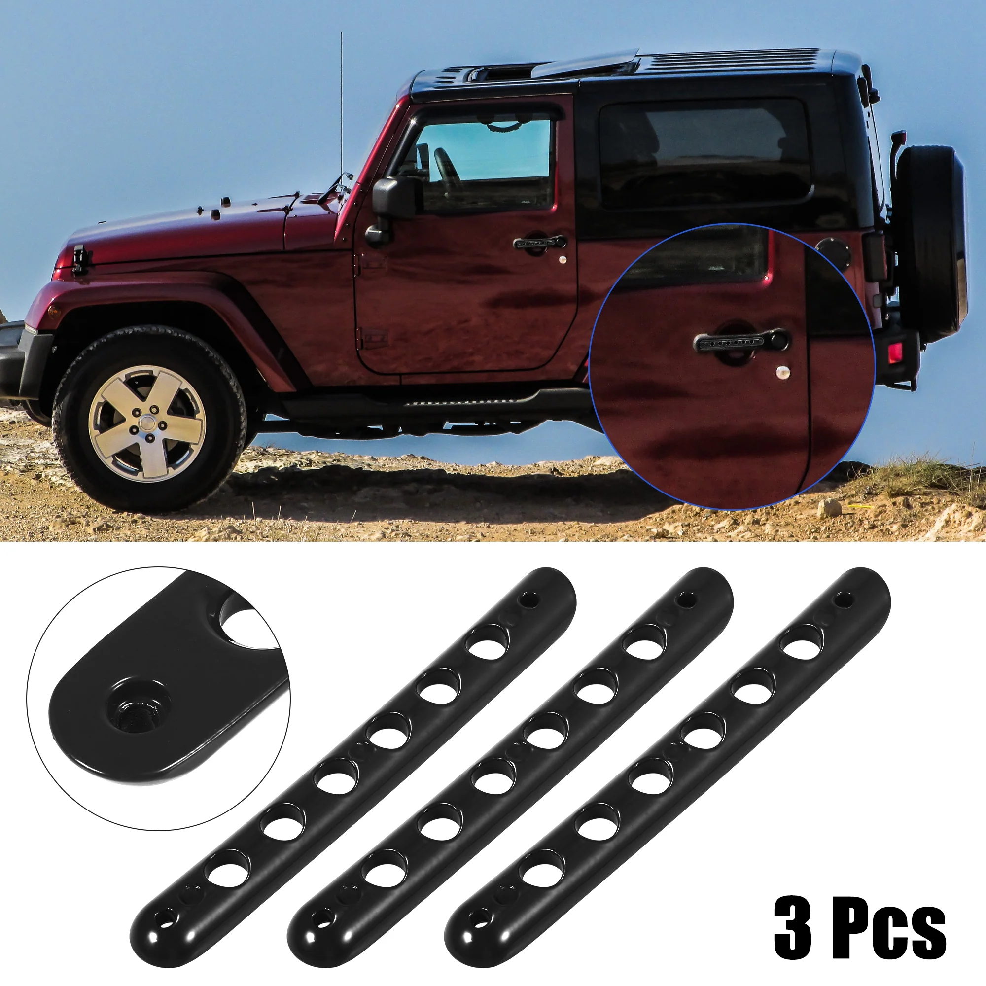 3 Pcs Black Door Handle Insert Trim Covers for Jeep Wrangler 2-Door 07-18 - Image 2