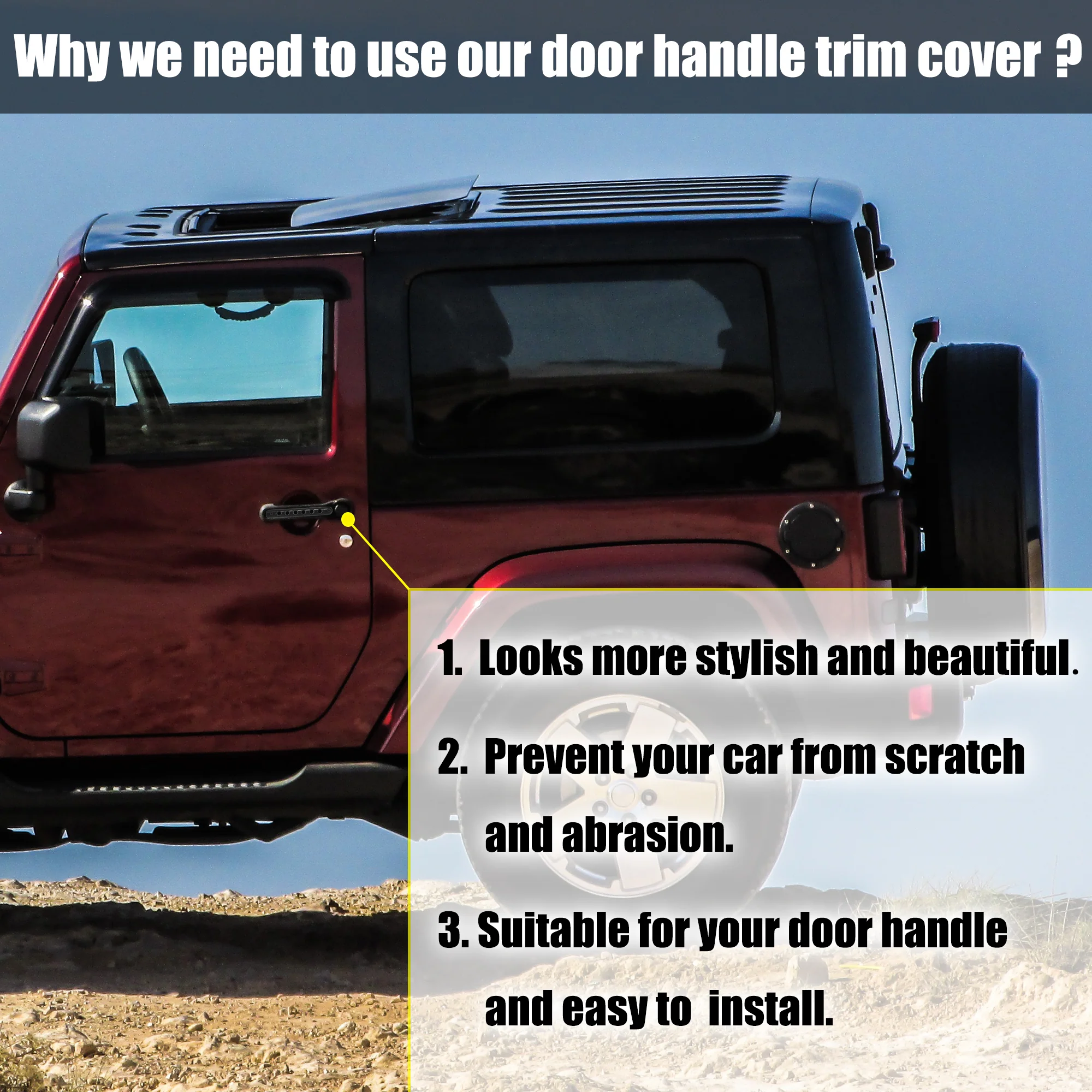 3 Pcs Black Door Handle Insert Trim Covers for Jeep Wrangler 2-Door 07-18 - Image 6