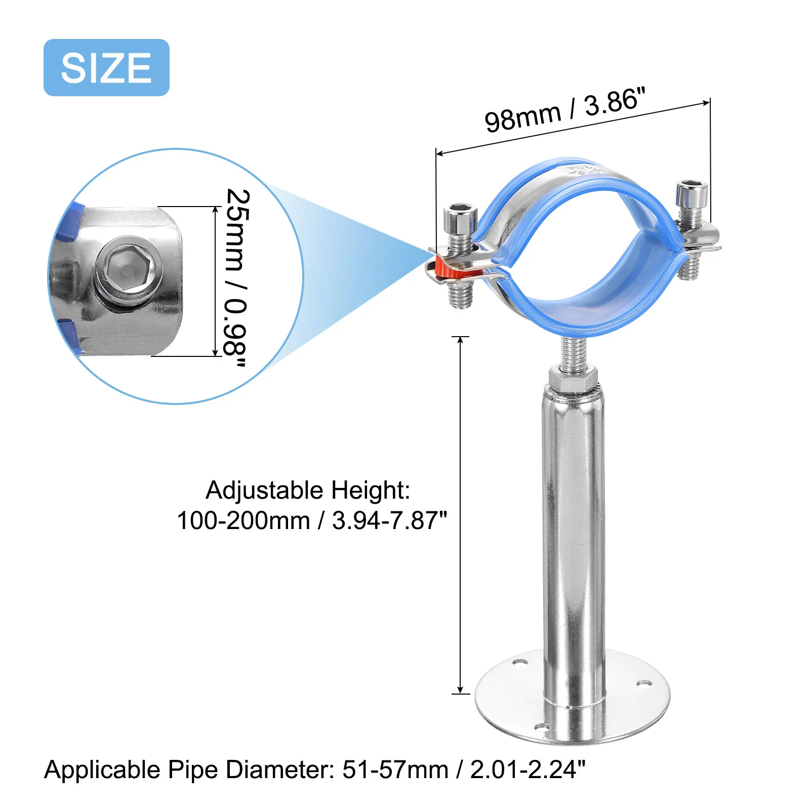 Uxcell 2Pcs Pipe Support, Stainless Steel Wall Mount Ceiling Mount Pipe Support Bracket, Adjustable Height 100-200mm for OD Pipe 51-57mm - Image 2