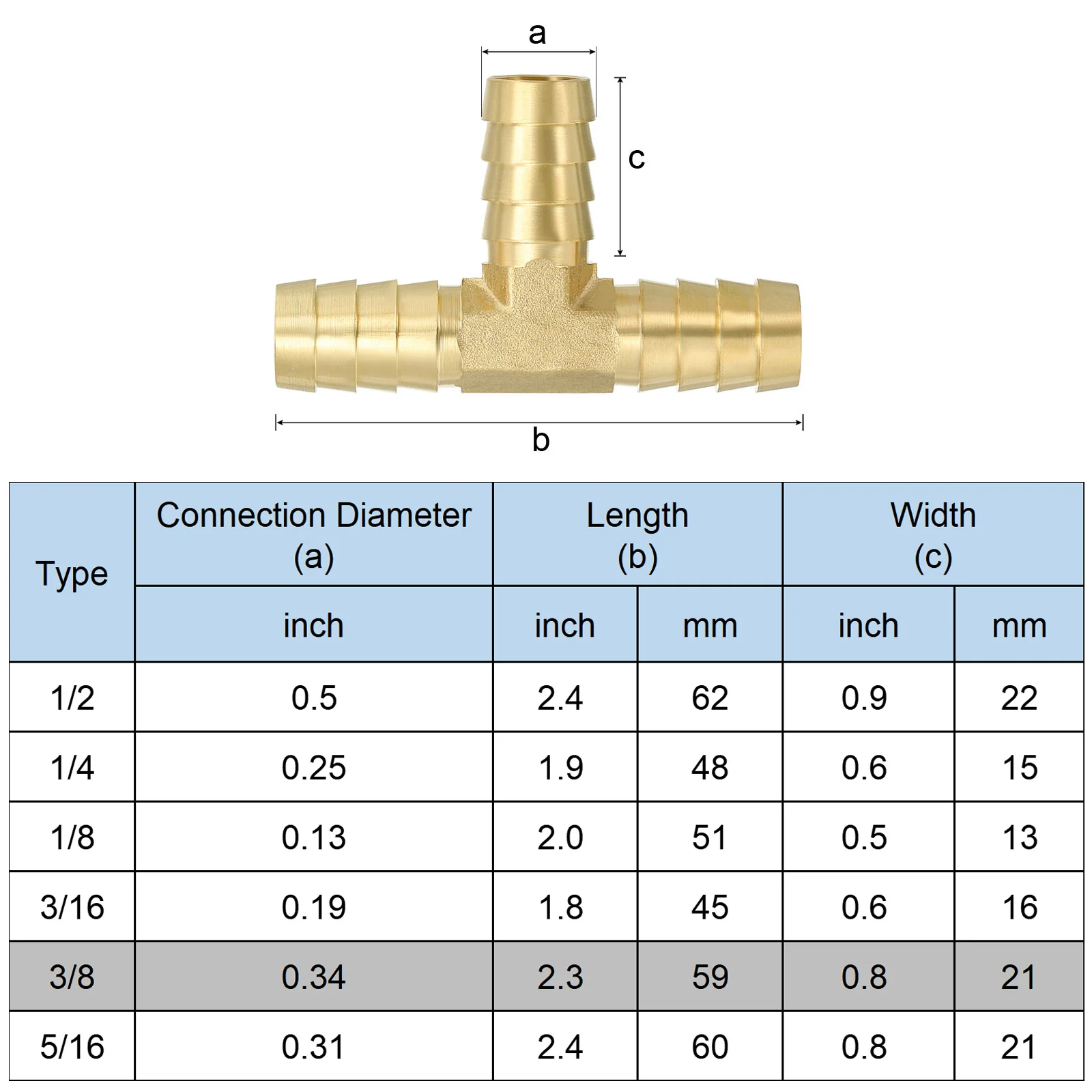 5 Pcs 3/8" Barb Tee Fitting 3 Way Union T-Shaped Brass Hose Barbed Fittings - Image 4