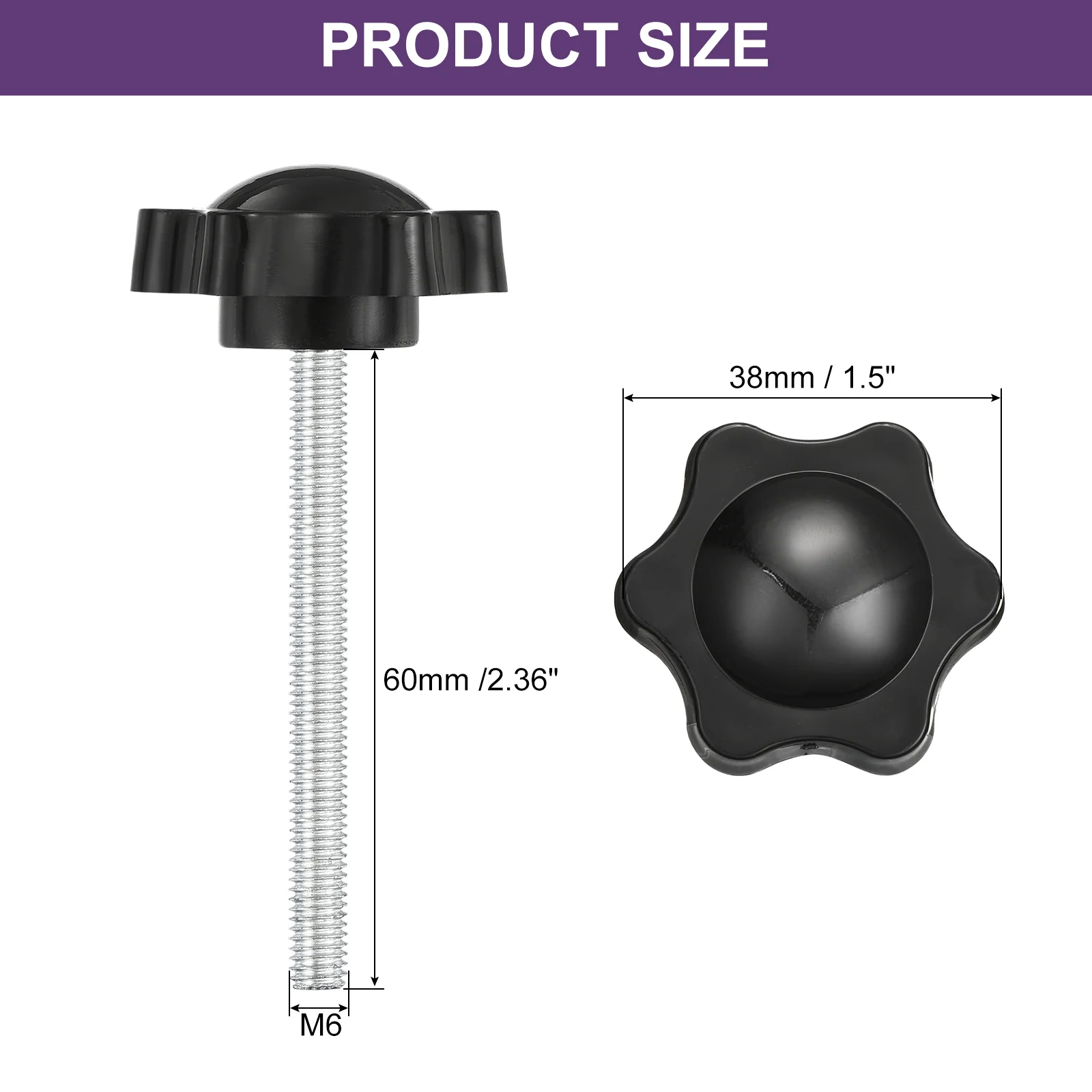 Uxcell 2Pcs Star Knobs, M6x60mm Plastic Hex Shaped Clamping Handle Screw Knobs, Hand Tightening Star Screw Knob for Machinery Umbrella Base Replacement - Image 2