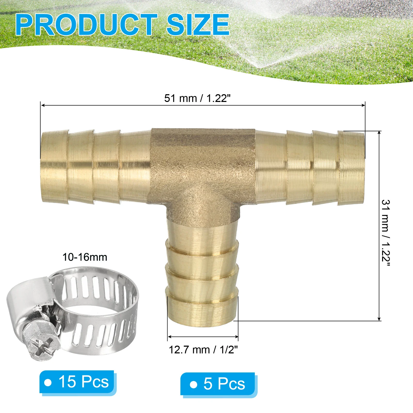 5 Pcs 1/2" Brass Tee Barb Hose Fitting Adapter Barbed Split with Clamps, Golden - Image 2