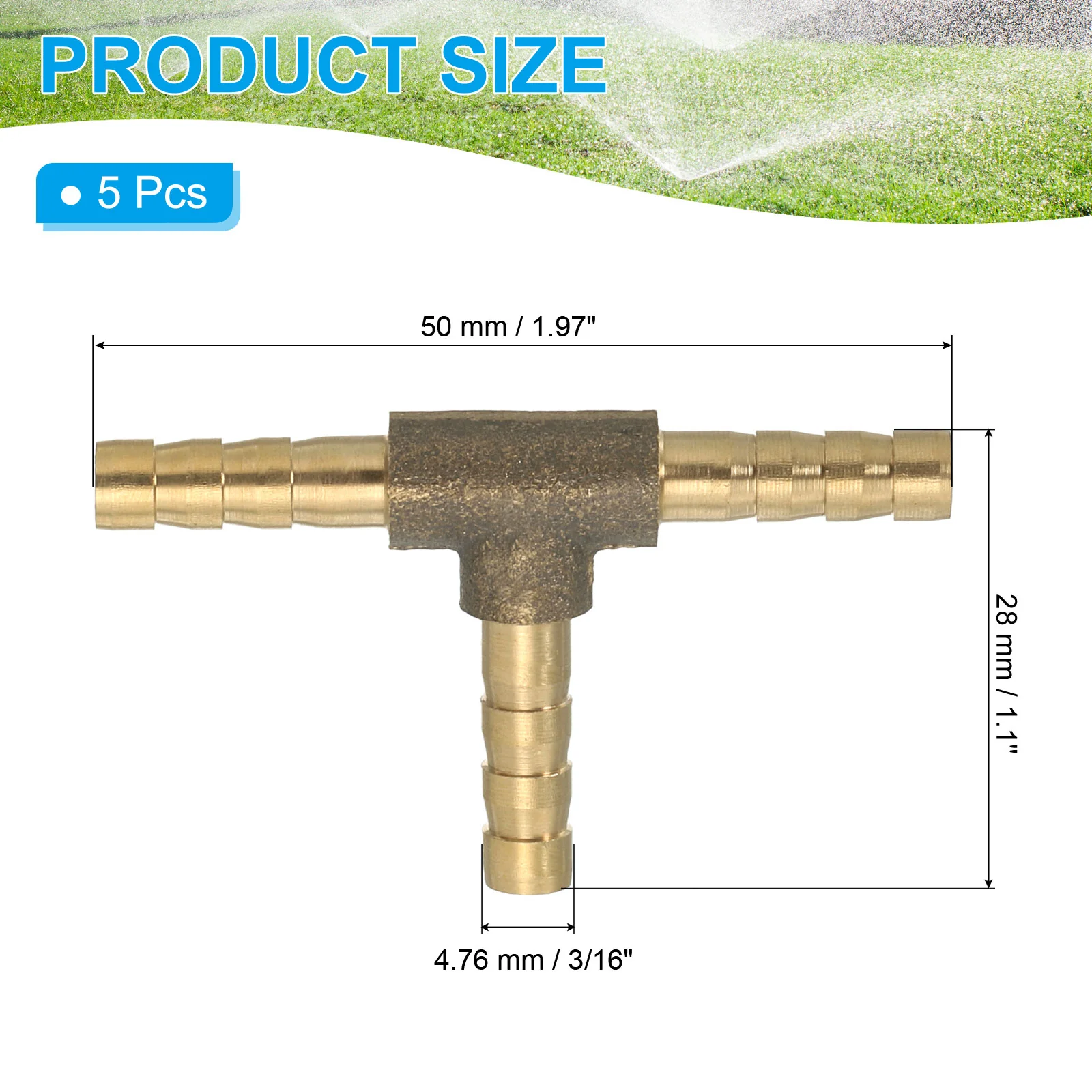 5 Pcs 3/16" Brass Tee Barb Hose Fitting 3 Ways Adapter Union Barbed Split,Golden - Image 2
