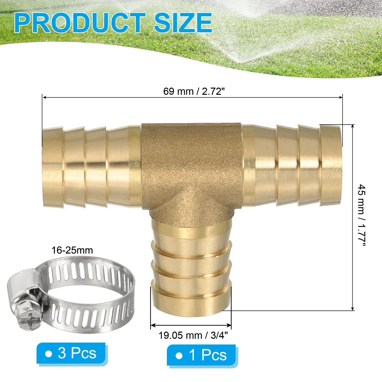 3/4" Brass Tee Barb Hose Fitting Adapter Barbed Split with Clamps, Golden - Image 2