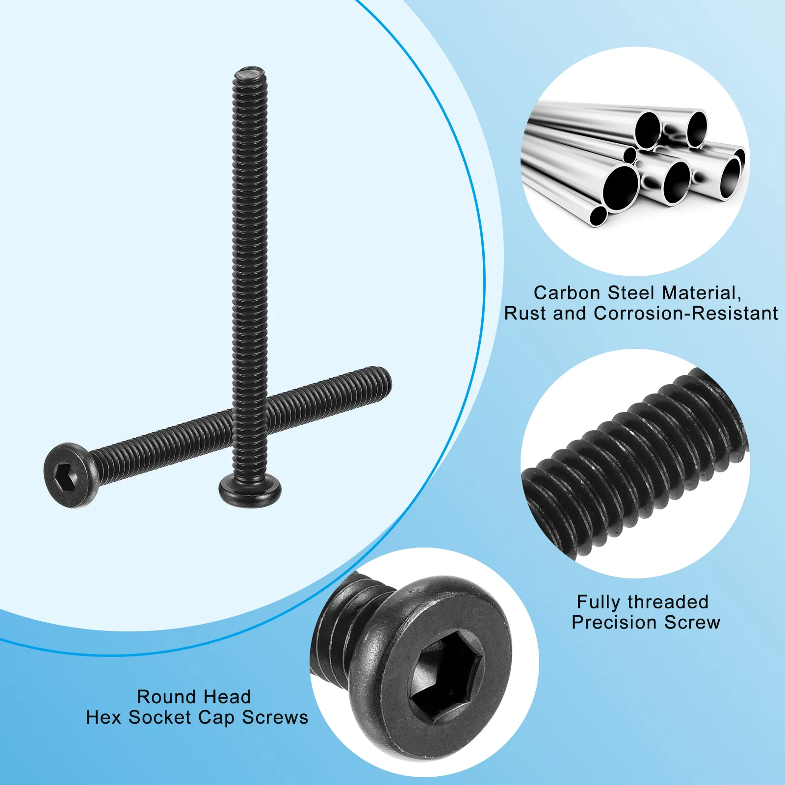 Uxcell 12Pcs 1/4-20x3" Furniture Bolt, Round Head Hex Socket Cap Screws Bolts Carbon Steel with Hex Key Wrench for Bed Tables Chairs Furniture - Image 3