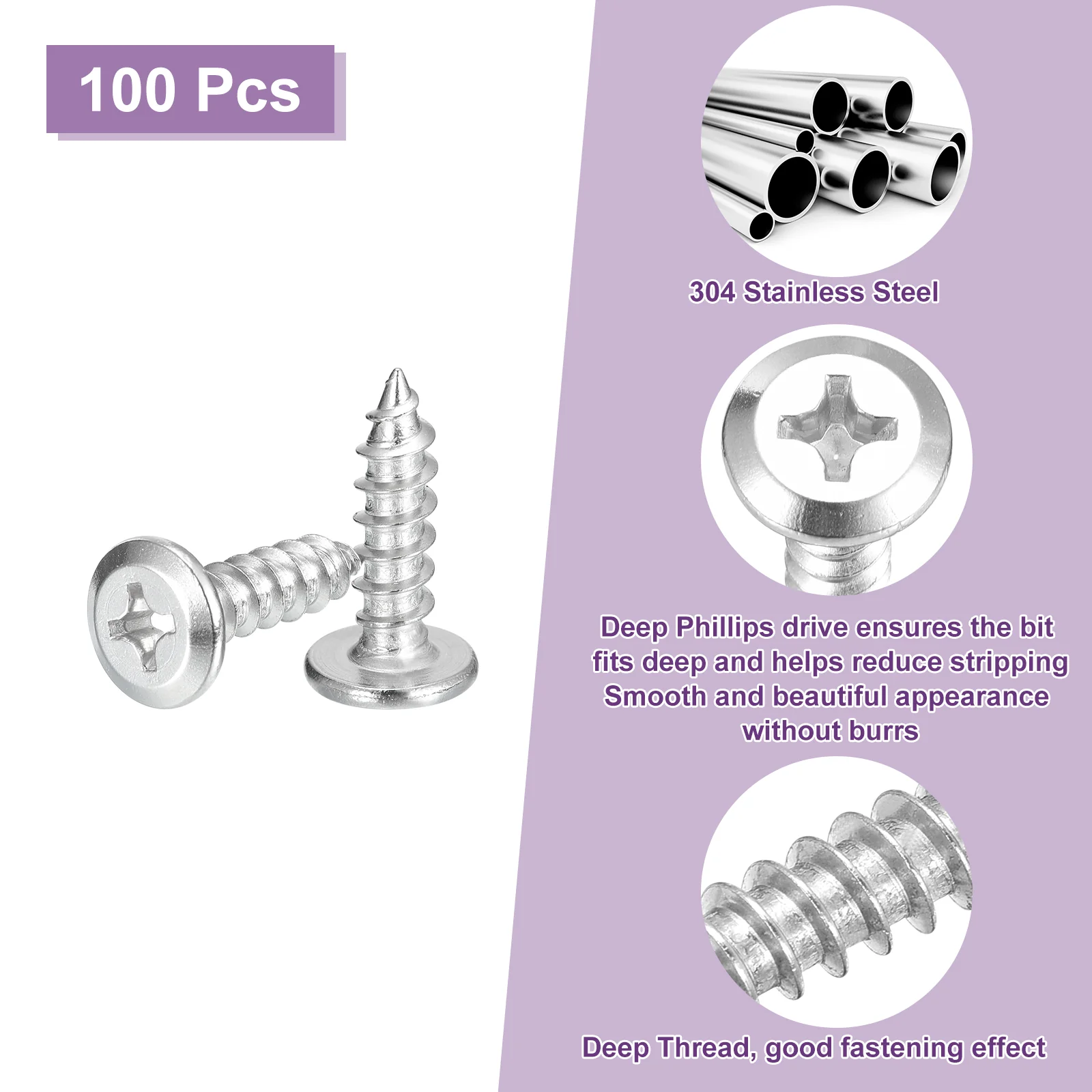 Uxcell M6x20mm Flat Head Phillips Drive Self Tapping Screws, 304, Silver, Pack of 100 - Image 4