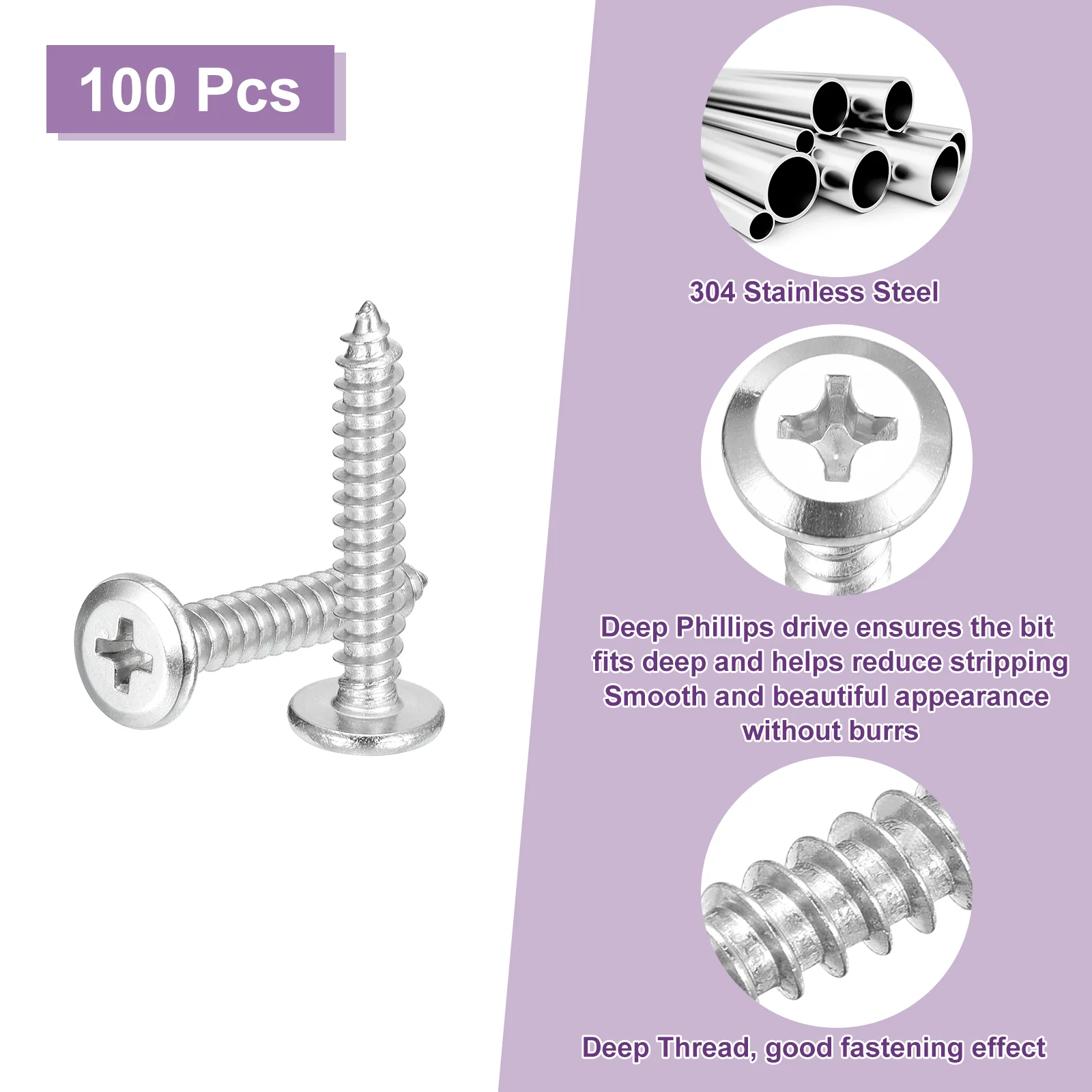 Uxcell M5x30mm Flat Head Phillips Drive Self Tapping Screws, 304, Silver, Pack of 100 - Image 4