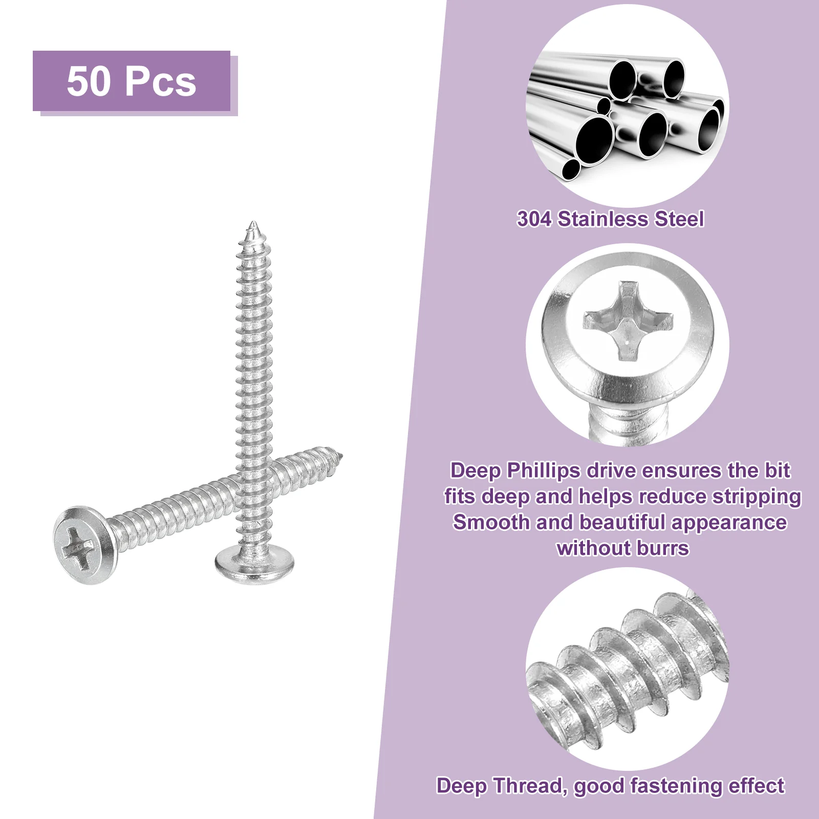 Uxcell M4x40mm Flat Head Phillips Drive Self Tapping Screws, 304, Silver, Pack of 50 - Image 4