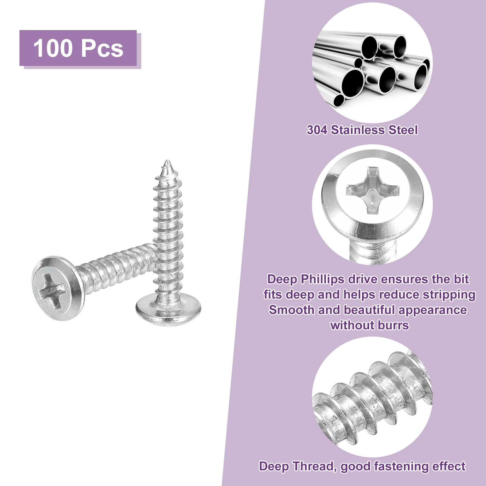 Uxcell M4x20mm Flat Head Phillips Drive Self Tapping Screws, 304, Silver, Pack of 100 - Image 4