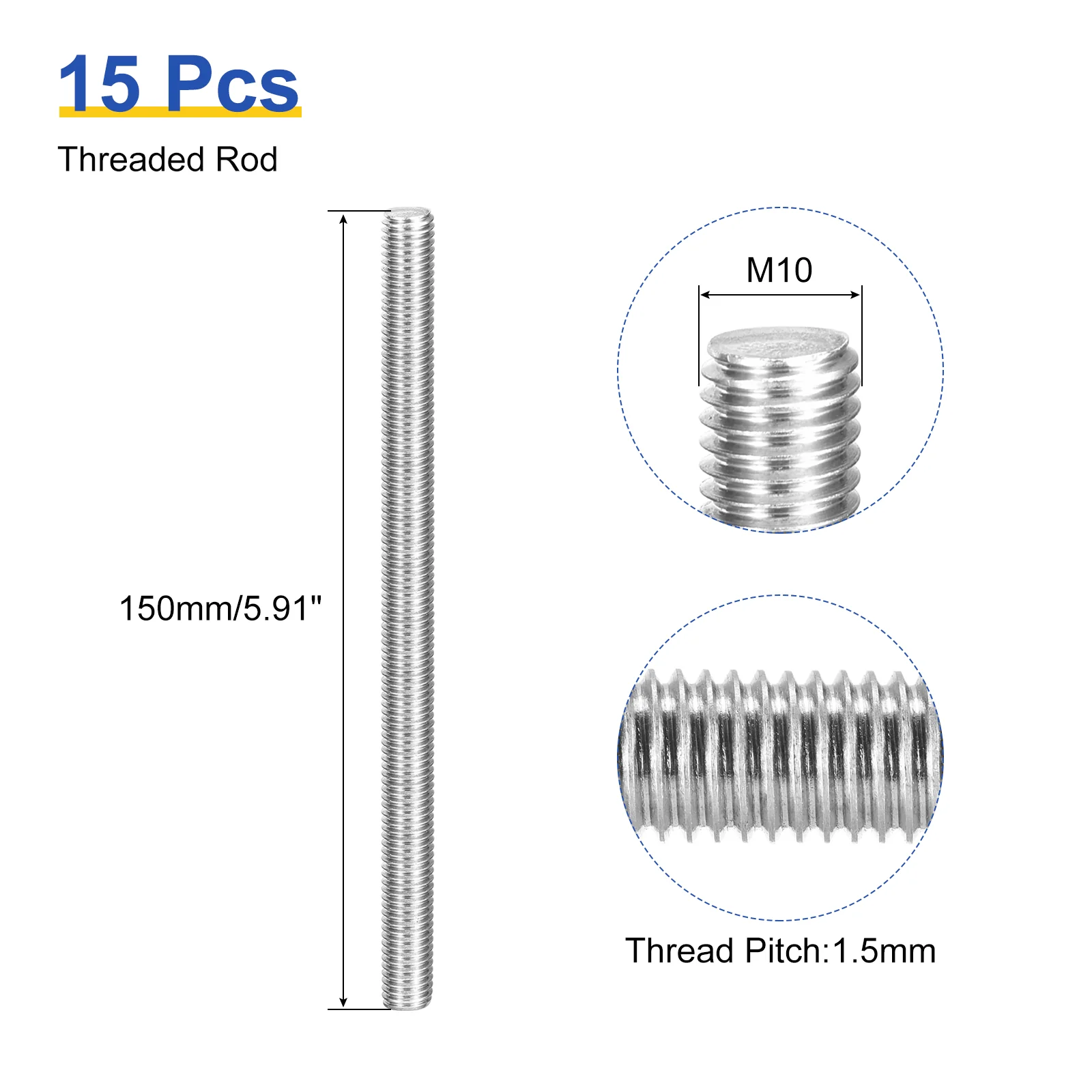 Uxcell 15Pcs M10 x 150mm Fully Threaded Rod Right Hand Threads,1.5 Thread Pitch - Image 2