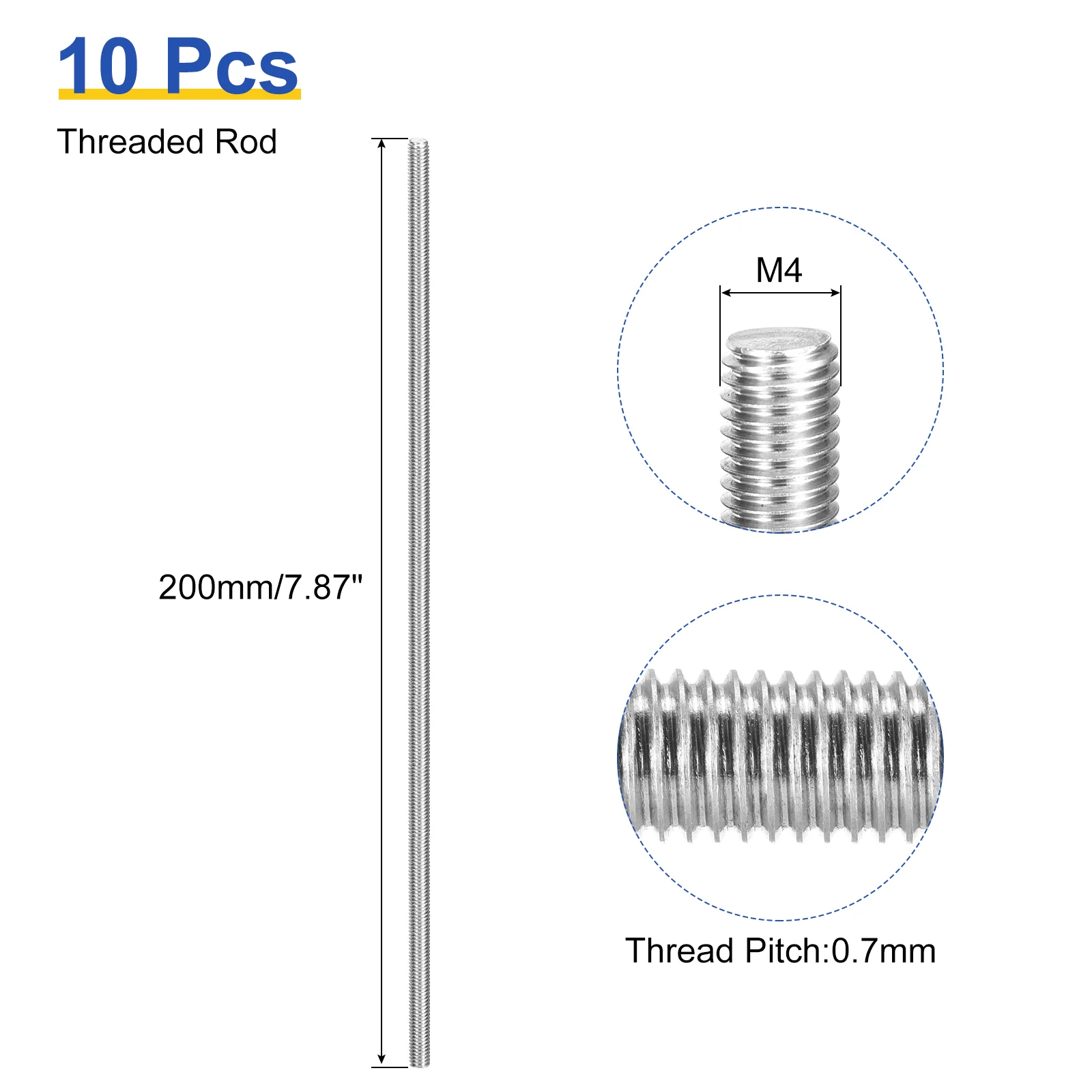 Uxcell 10Pcs M4 x 200mm Fully Threaded Rod 304 Stainless Steel Right Hand Threads Bar Studs for Anchors Bolts, Clamps, Hangers and U-Bolts, M4-0.7 Thread Pitch - Image 2