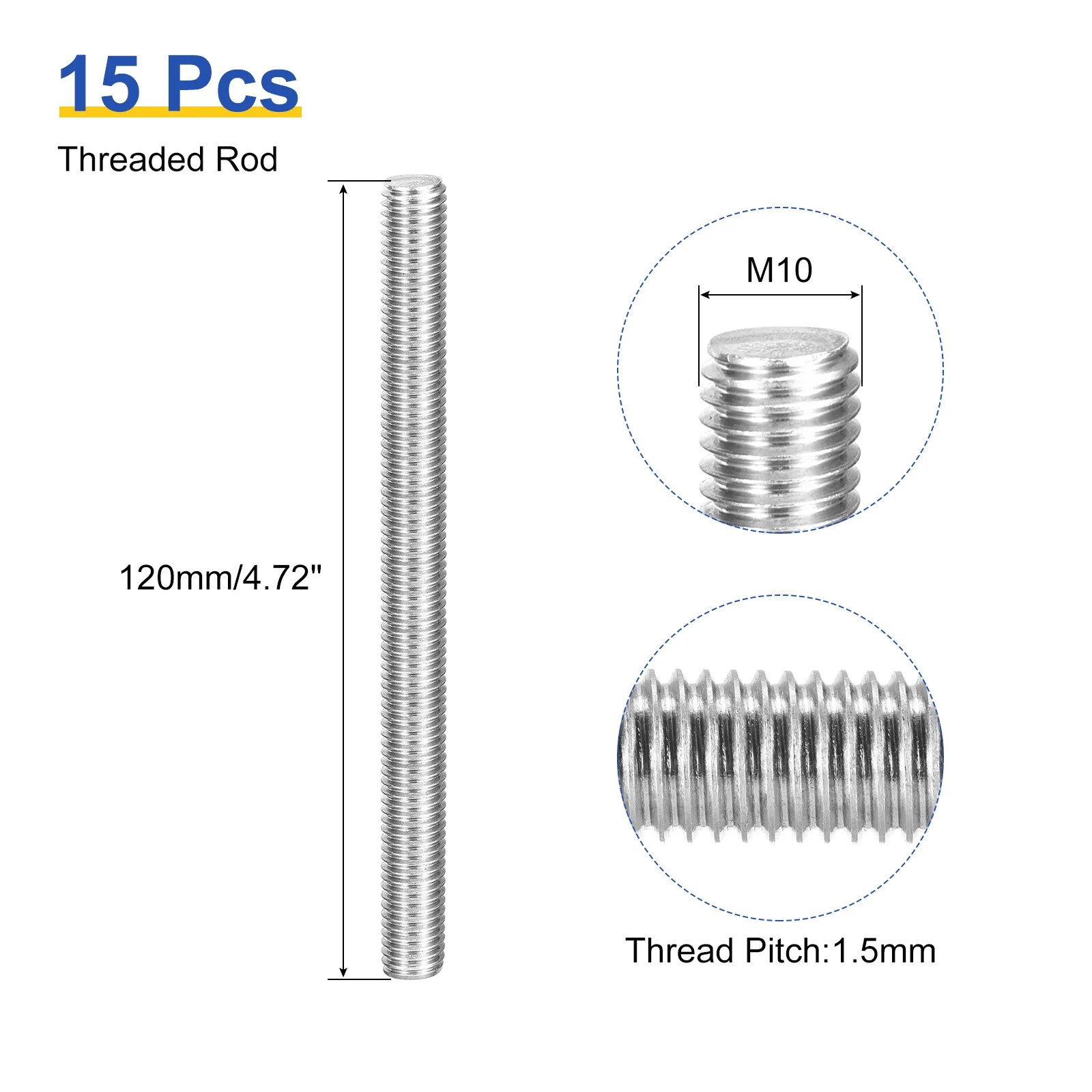 Uxcell 15Pcs M10 x 120mm Fully Threaded Rod Right Hand Threads,1.5 Thread Pitch - Image 2