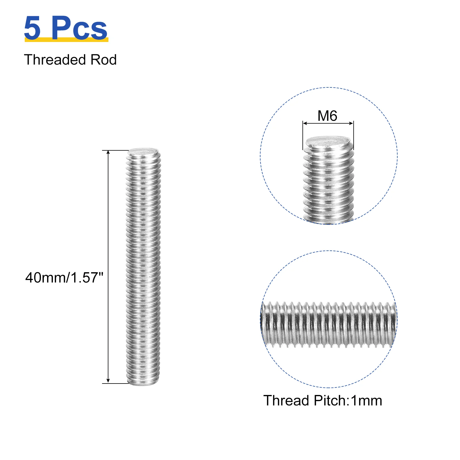 Uxcell 5Pcs M6 x 40mm Fully Threaded Rod 304 Stainless Steel Right Hand Threads Bar Studs for Anchors Bolts, Clamps, Hangers and U-Bolts, 1 Thread Pitch - Image 2