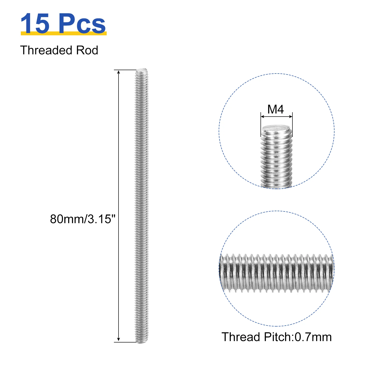 Uxcell 15Pcs M4 x 80mm Fully Threaded Rod 304 Stainless Steel Right Hand Threads Bar Studs for Anchors Bolts, Clamps, Hangers and U-Bolts, 0.7 Thread Pitch - Image 2