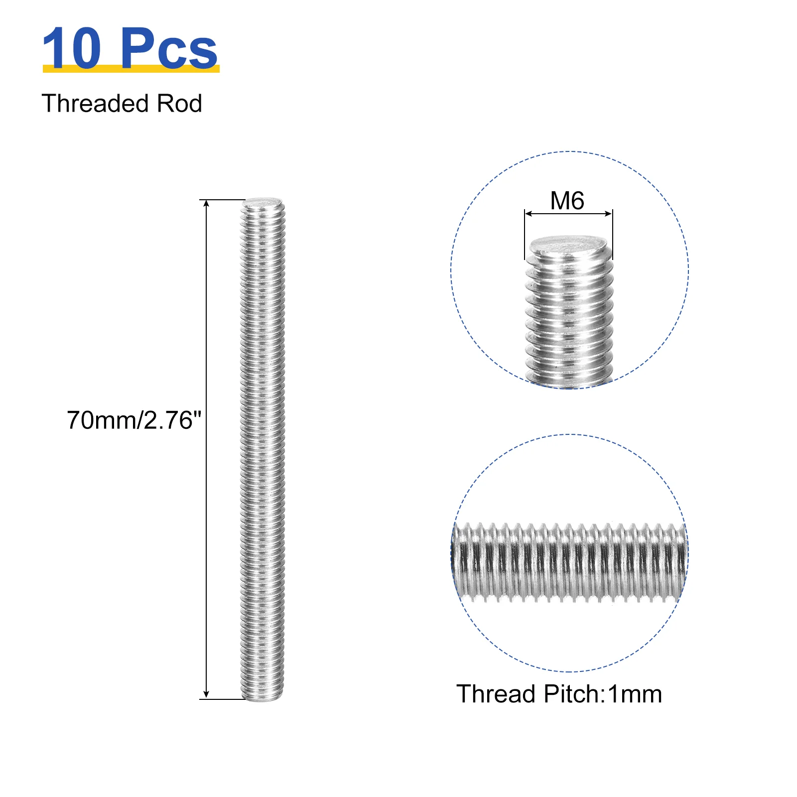 Uxcell 10Pcs M6 x 70mm Fully Threaded Rod 304 Stainless Steel Right Hand Threads Bar Studs for Anchors Bolts, Clamps, Hangers and U-Bolts, 1 Thread Pitch - Image 2