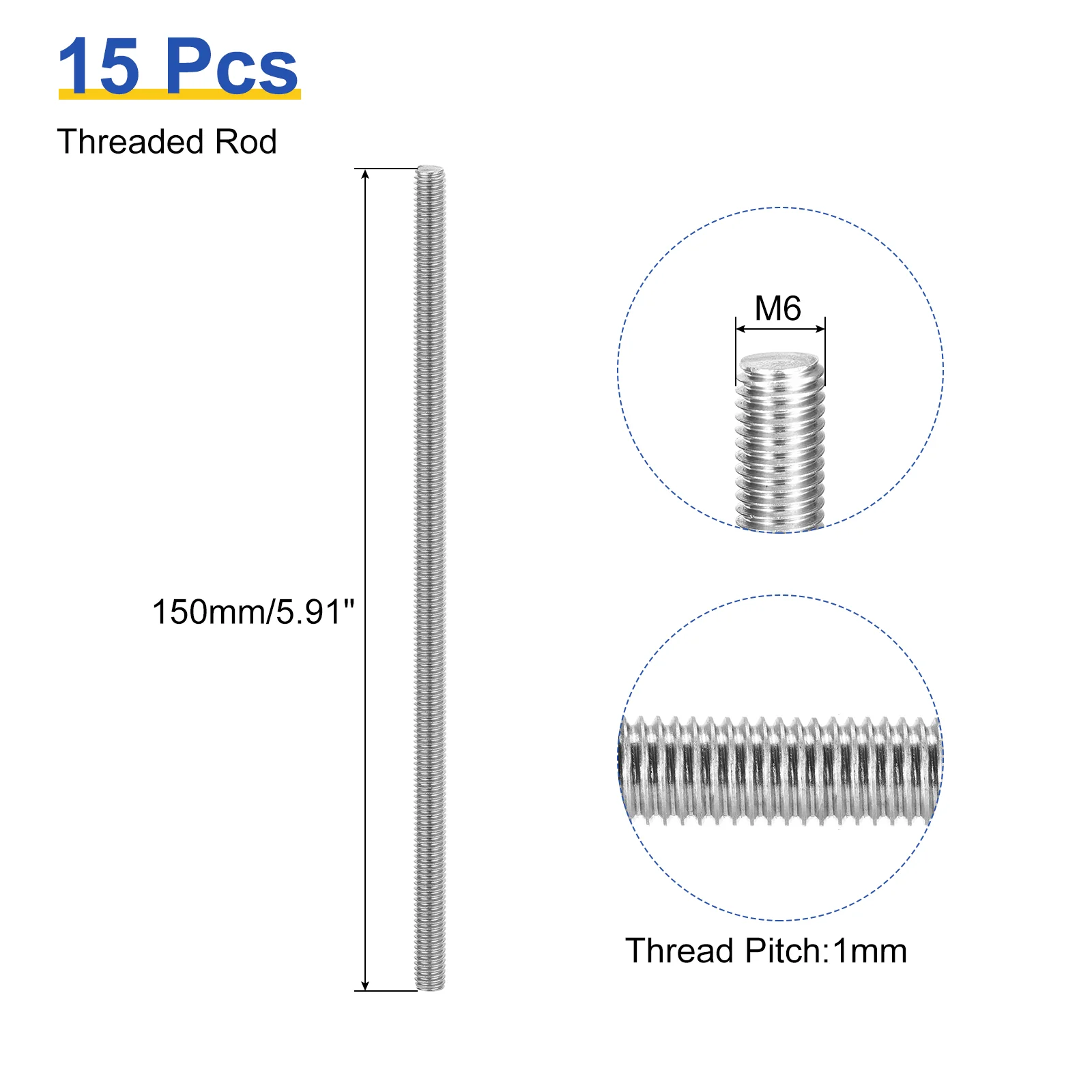 Uxcell 15Pcs M6 x 150mm Fully Threaded Rod 304 Stainless Steel Right Hand Threads Bar Studs for Anchors Bolts, Clamps, Hangers and U-Bolts, 1 Thread Pitch - Image 2