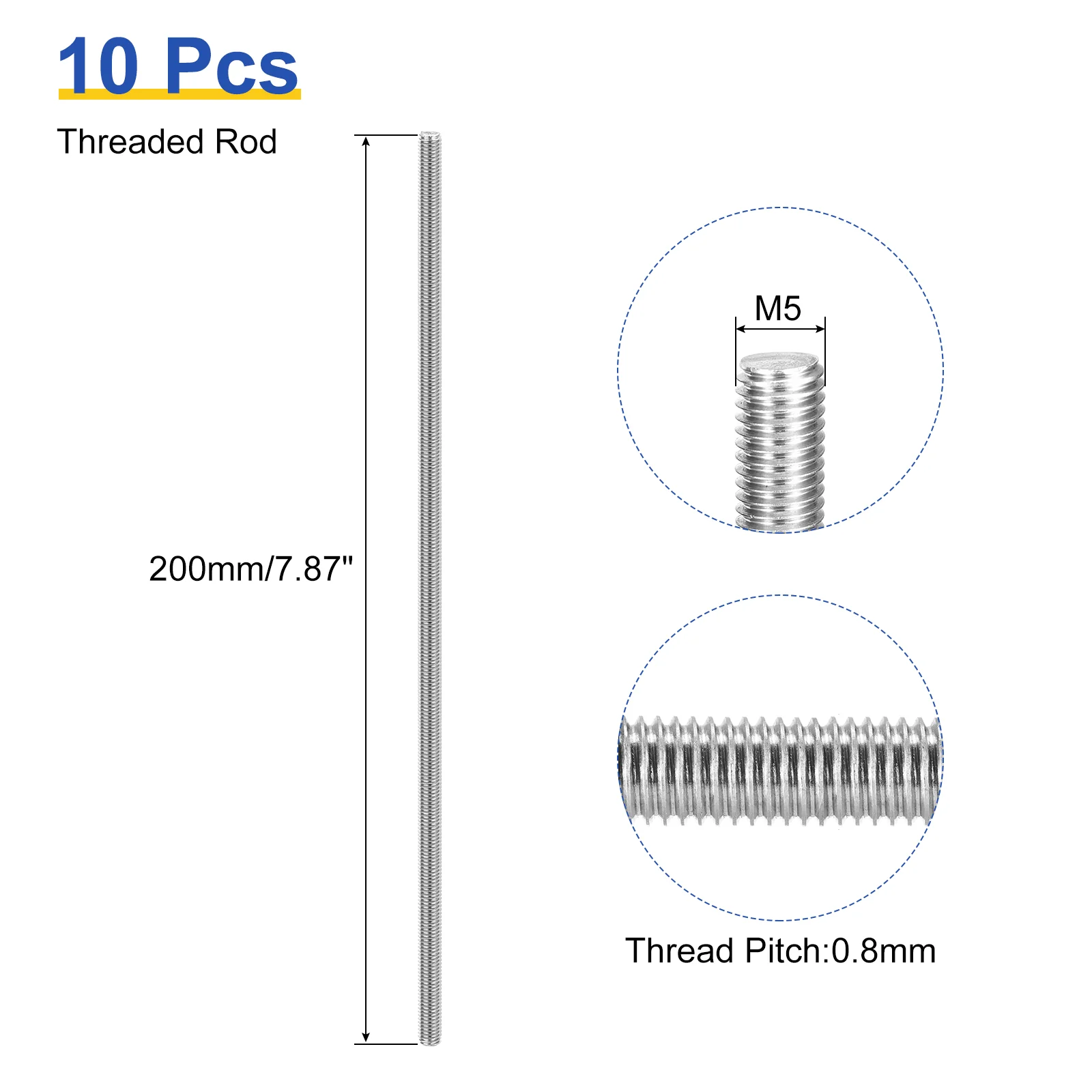 Uxcell 10Pcs M5 x 200mm Fully Threaded Rod 304 Stainless Steel Right Hand Threads Bar Studs for Anchors Bolts, Clamps, Hangers and U-Bolts, 0.8 Thread Pitch - Image 2