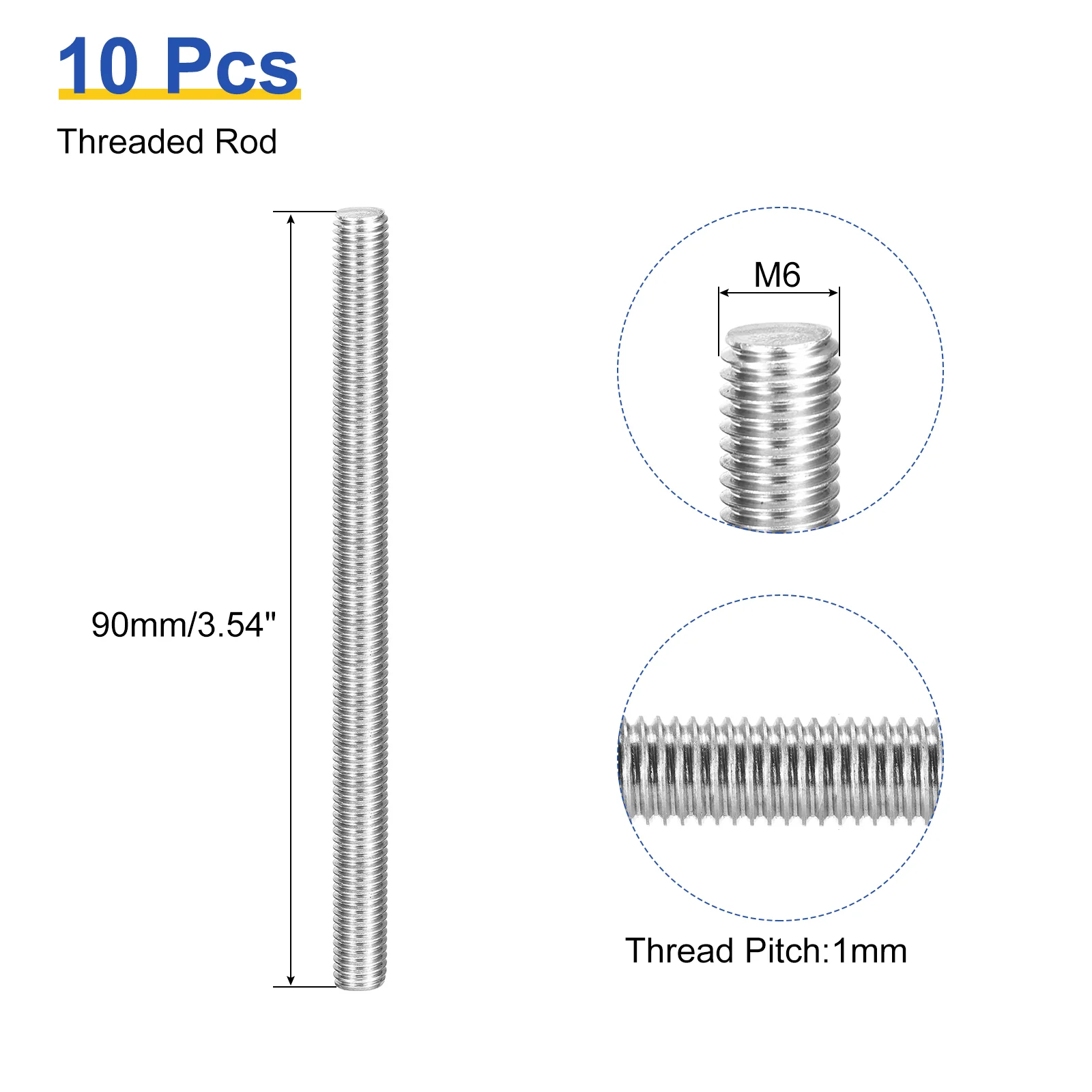 Uxcell 10Pcs M6 x 90mm Fully Threaded Rod 304 Stainless Steel Right Hand Threads Bar Studs for Anchors Bolts, Clamps, Hangers and U-Bolts, 1 Thread Pitch - Image 2