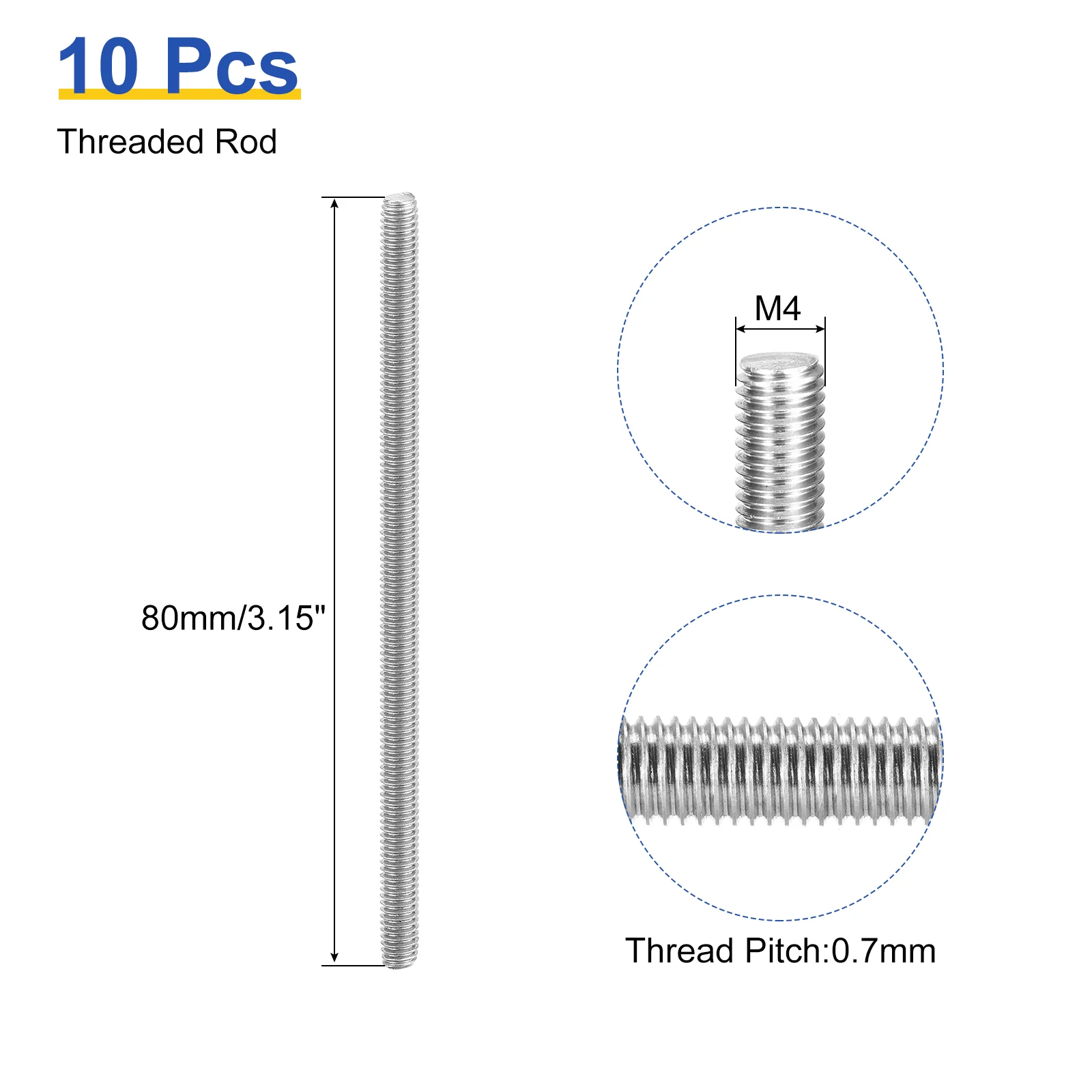 Uxcell 10Pcs M4 x 80mm Fully Threaded Rod 304 Stainless Steel Right Hand Threads Bar Studs for Anchors Bolts, Clamps, Hangers and U-Bolts, 0.7 Thread Pitch - Image 2