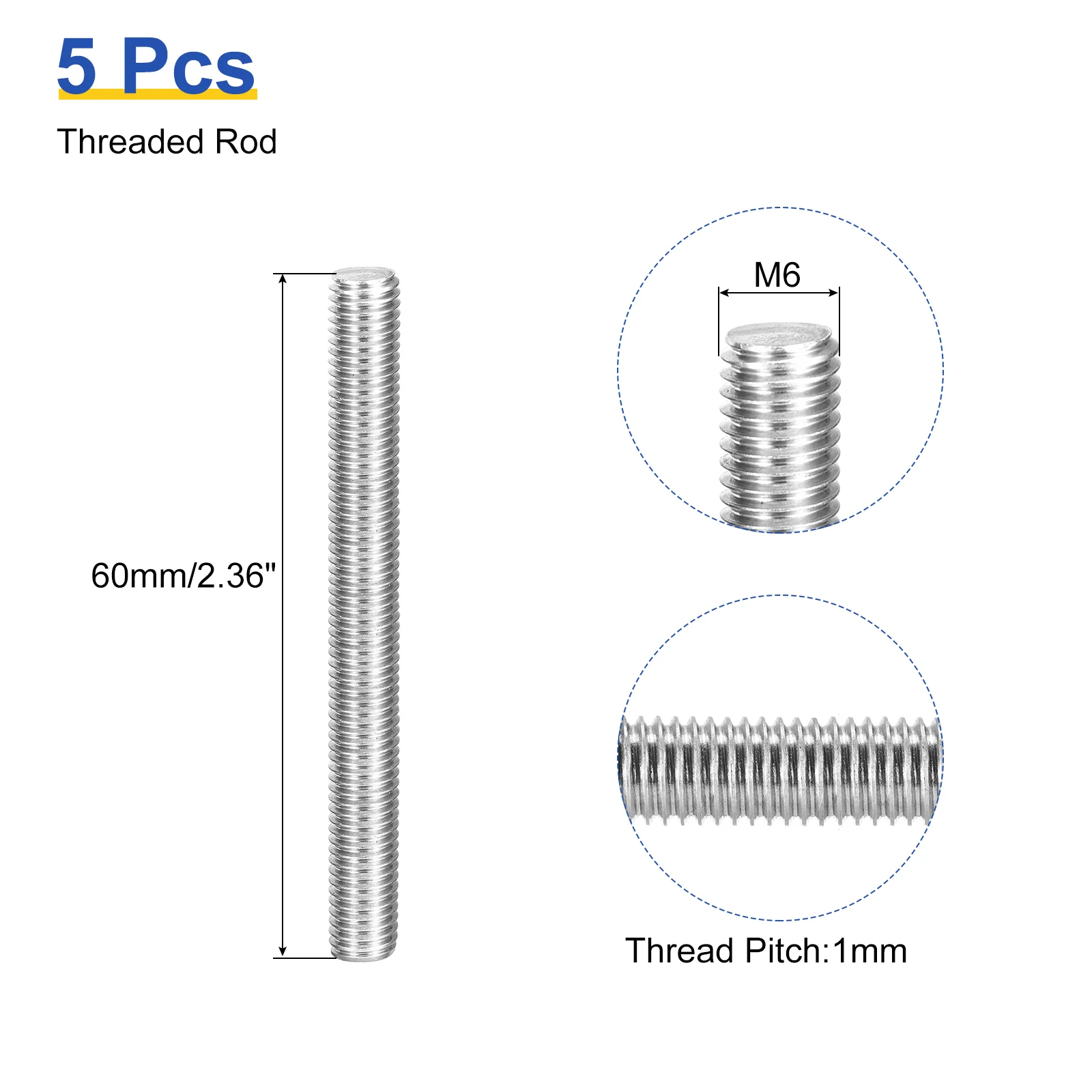 Uxcell 5Pcs M6 x 60mm Fully Threaded Rod 304 Stainless Steel Right Hand Threads Bar Studs for Anchors Bolts, Clamps, Hangers and U-Bolts,  1 Thread Pitch - Image 2