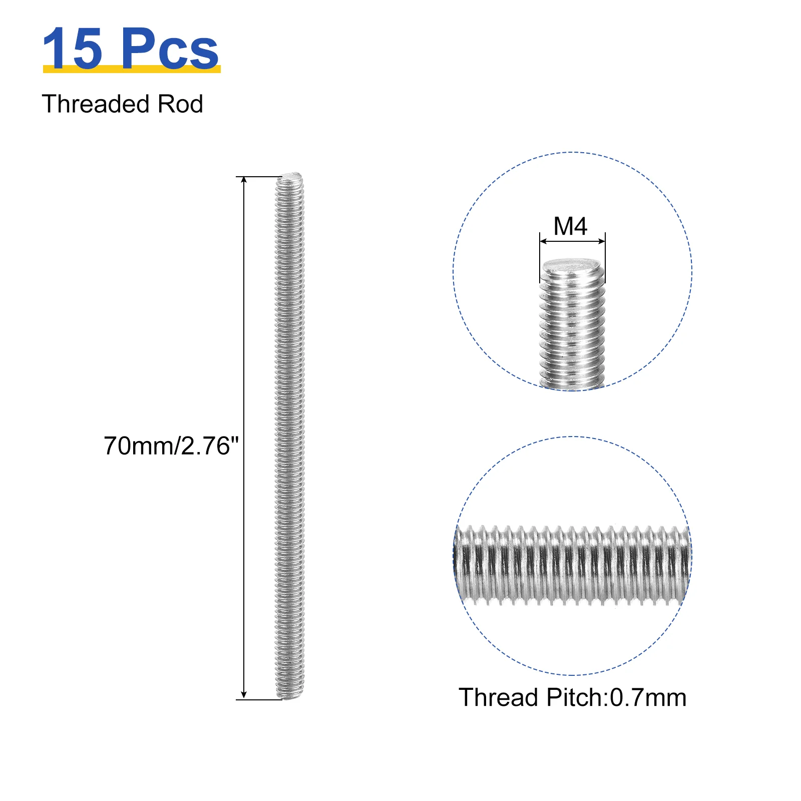 Uxcell 15Pcs M4 x 70mm Fully Threaded Rod 304 Stainless Steel Right Hand Threads Bar Studs for Anchors Bolts, Clamps, Hangers and U-Bolts, 0.7 Thread Pitch - Image 2
