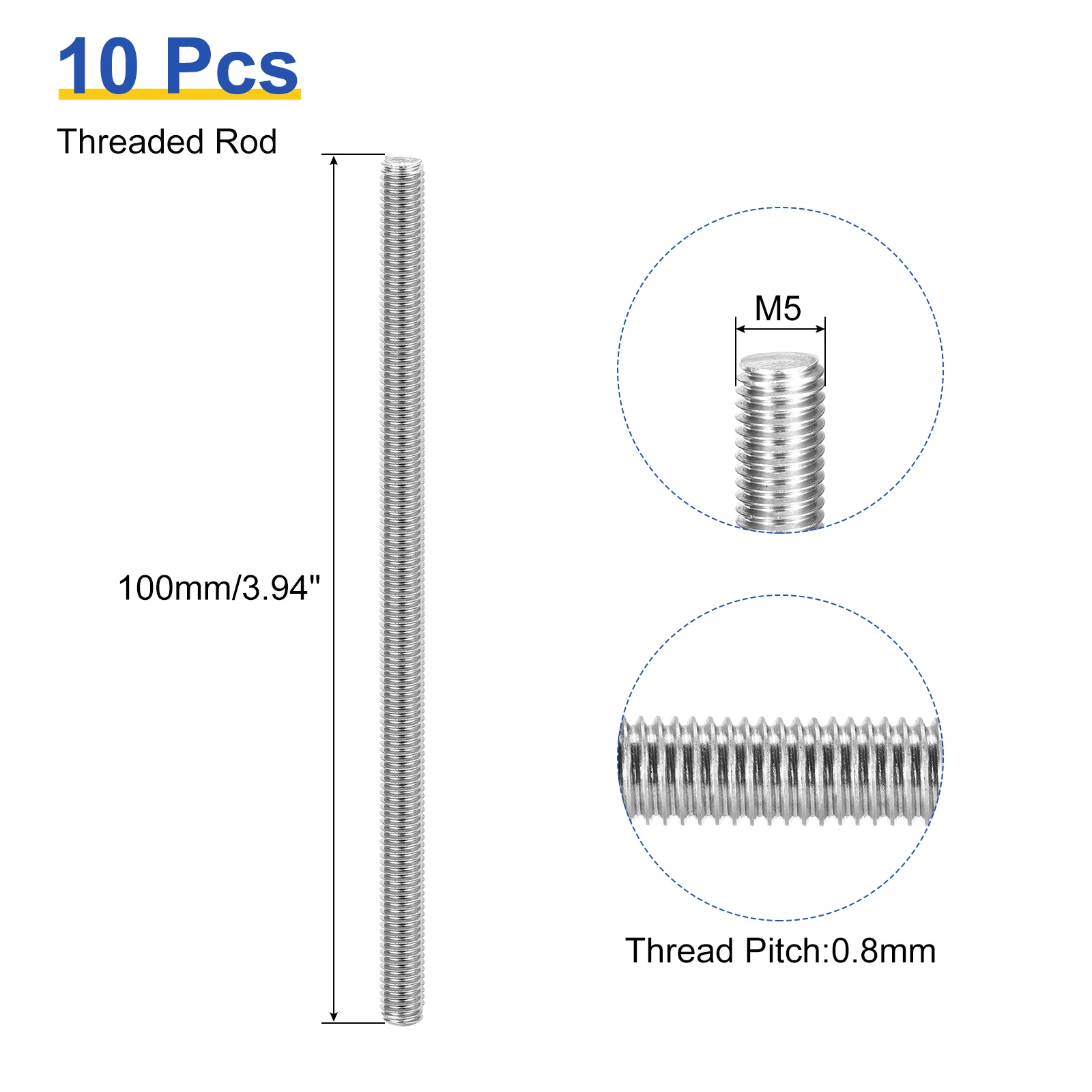Uxcell 10Pcs M5 x 100mm Fully Threaded Rod 304 Stainless Steel Right Hand Threads Bar Studs for Anchors Bolts, Clamps, Hangers and U-Bolts, 0.8 Thread Pitch - Image 2