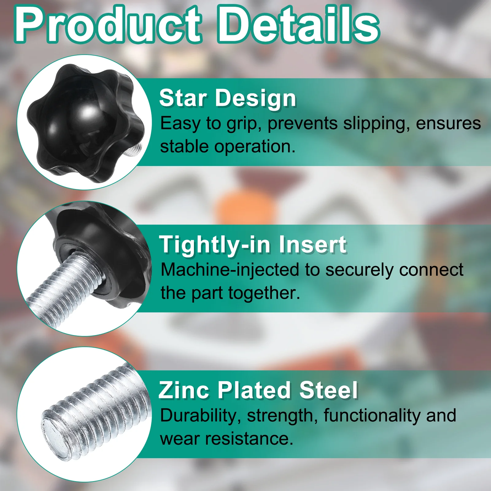 Uxcell 8pcs Star Knobs M10 x 55mm Zinc Plated Steel Stud 38mm 6-Star Head Nuts Washers - Image 3