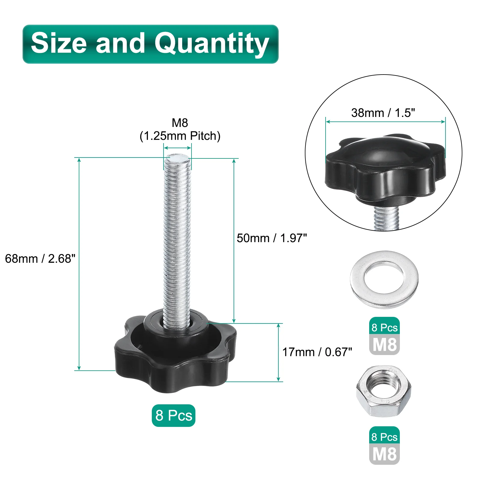 Uxcell 8pcs Star Knobs M8 x 50mm Zinc Plated Steel Stud 38mm 6-Star Head Nuts Washers - Image 2