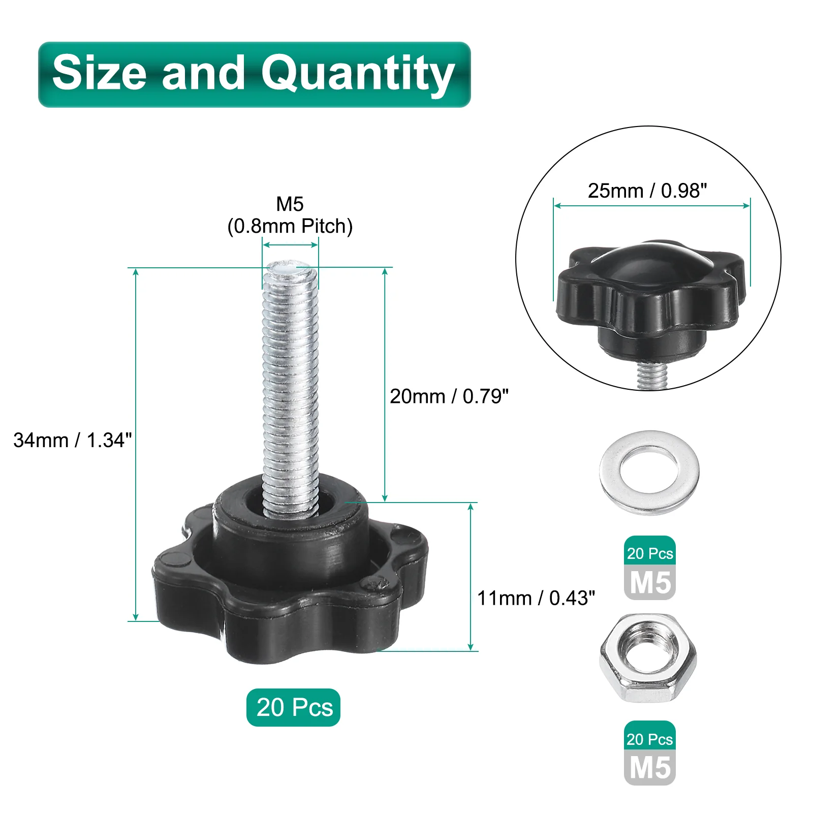 Uxcell 20pcs Star Knobs M5 x 20mm Zinc Plated Steel Stud 25mm 6-Star Head Nuts Washers - Image 2