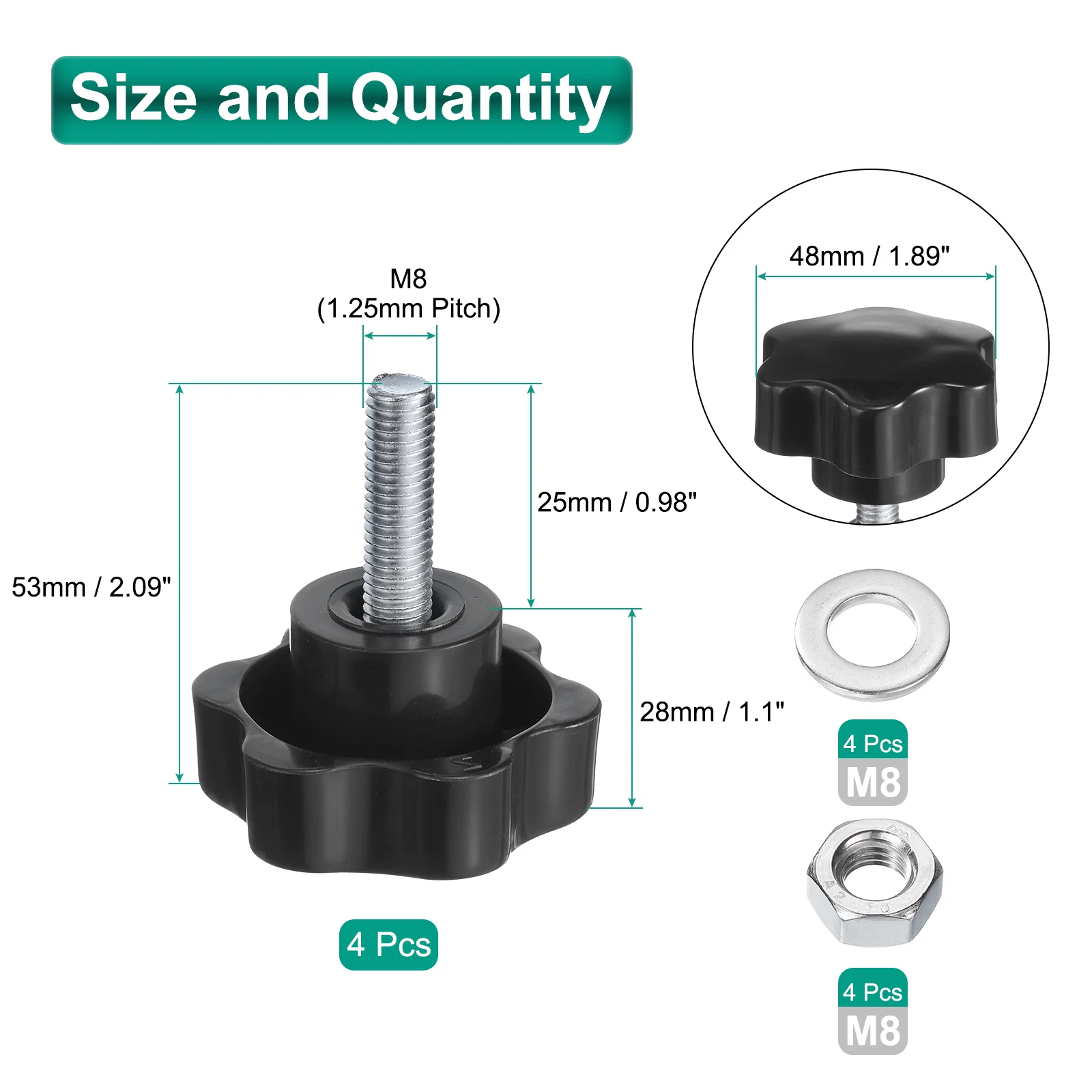 Uxcell 4pcs Star Knobs M8 x 25mm Zinc Plated Steel Stud 48mm 6-Star Head Nuts Washers - Image 2