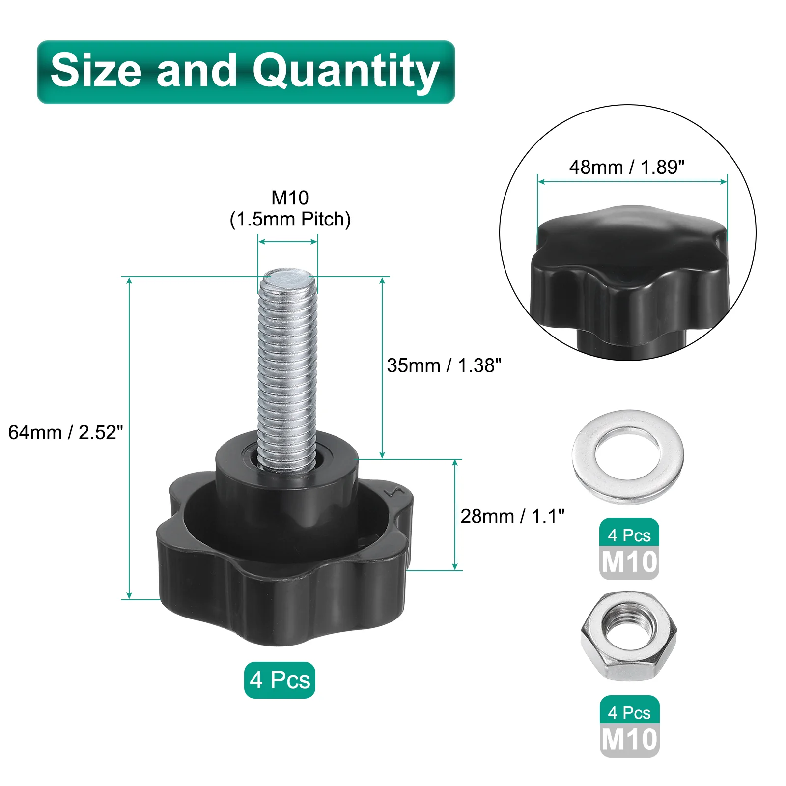 Uxcell 4pcs Star Knobs M10 x 35mm Zinc Plated Steel Stud 48mm 6-Star Head Nuts Washers - Image 2