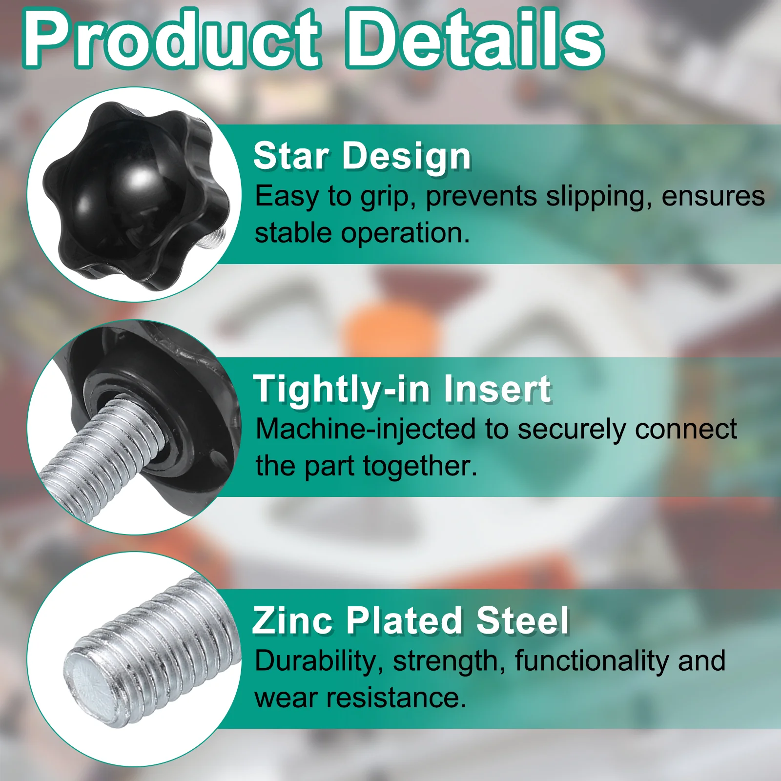 Uxcell 4pcs Star Knobs M8 x 45mm Zinc Plated Steel Stud 48mm 6-Star Head Nuts Washers - Image 3