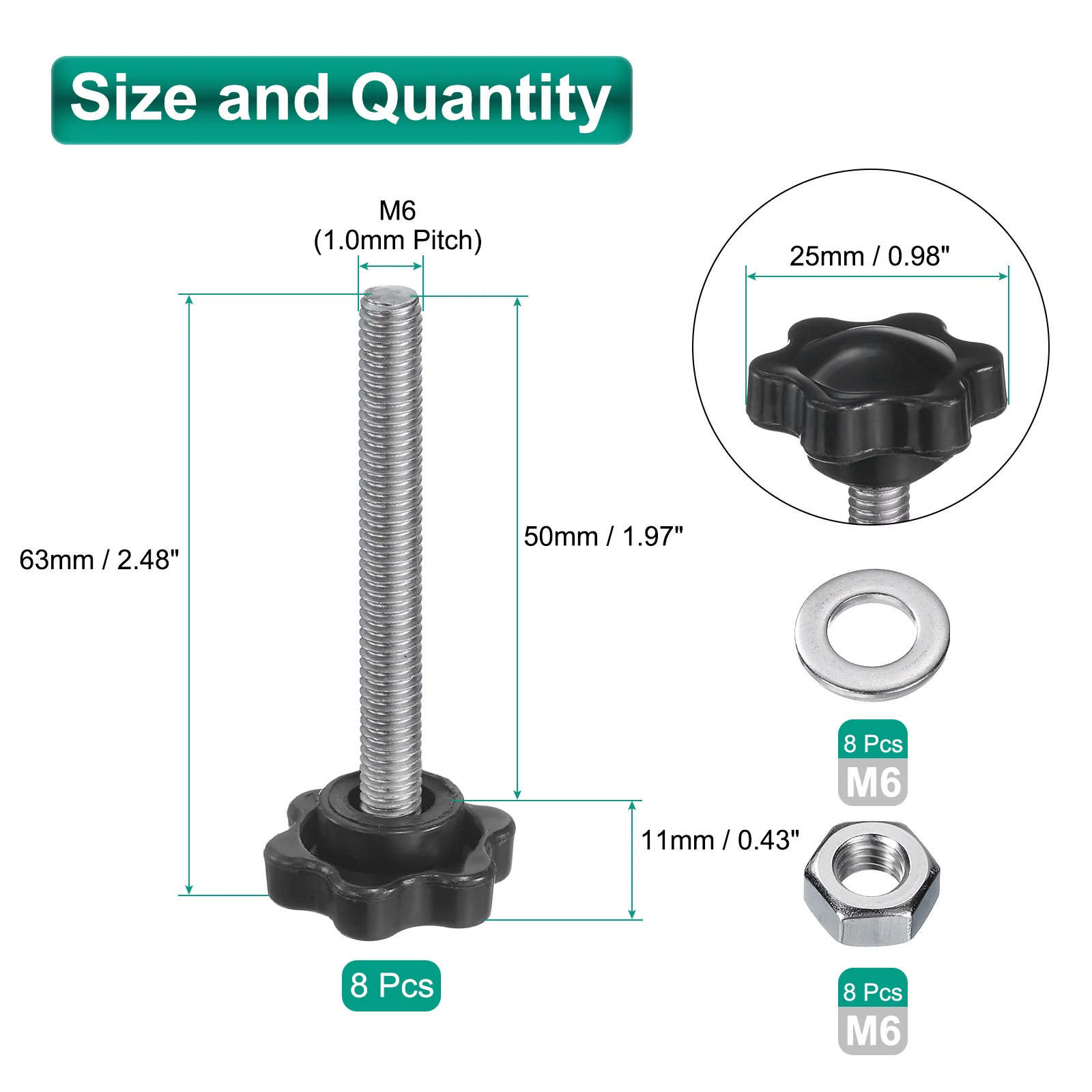 Uxcell 8pcs Star Knobs M6 x 50mm 304 Stainless Steel Stud 25mm 6-Star Head Nuts Washers - Image 2