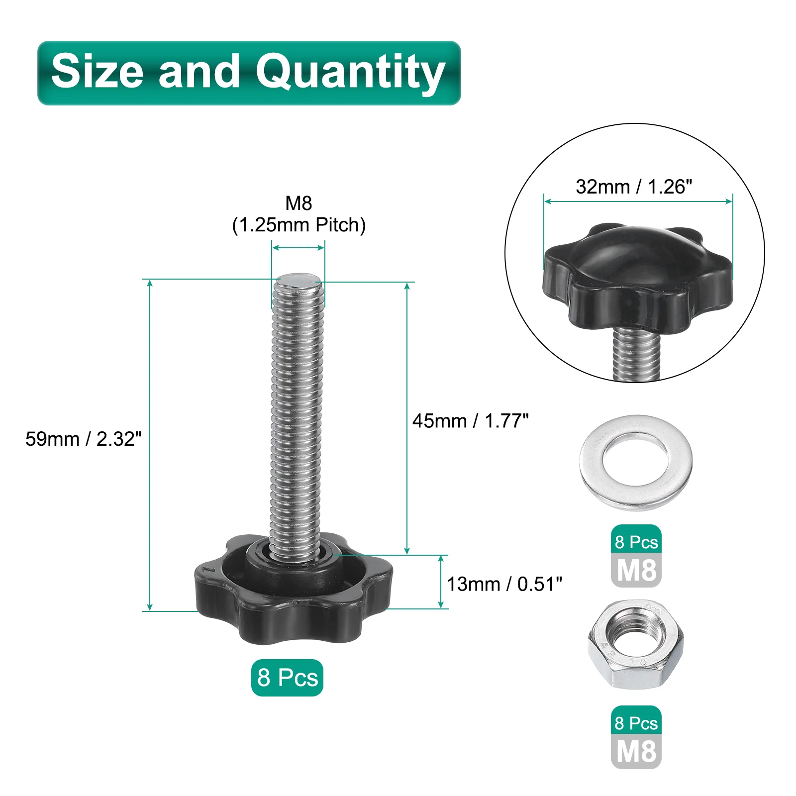 Uxcell 8pcs Star Knobs M8 x 45mm 304 Stainless Steel Stud 32mm 6-Star Head Nuts Washers - Image 2