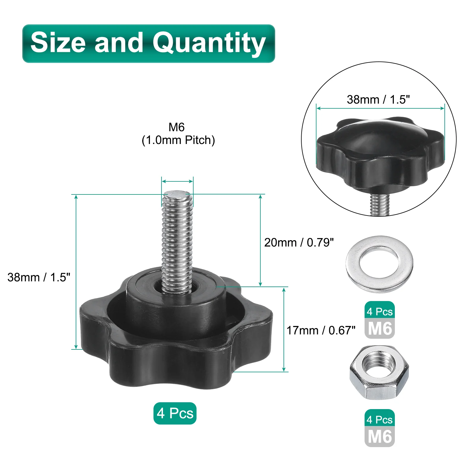 Uxcell 4pcs Star Knobs M6 x 20mm 304 Stainless Steel Stud 38mm 6-Star Head Nuts Washers - Image 2