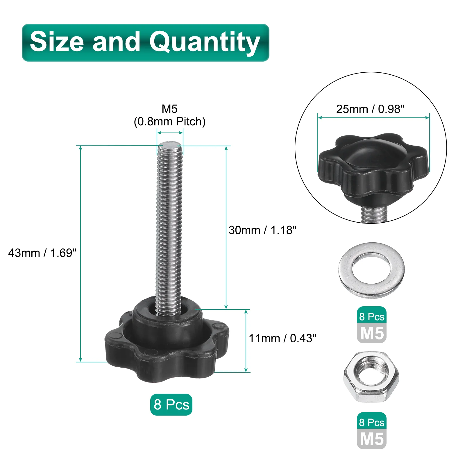 Uxcell 8pcs Star Knobs M5 x 30mm 304 Stainless Steel Stud 25mm 6-Star Head Nuts Washers - Image 2