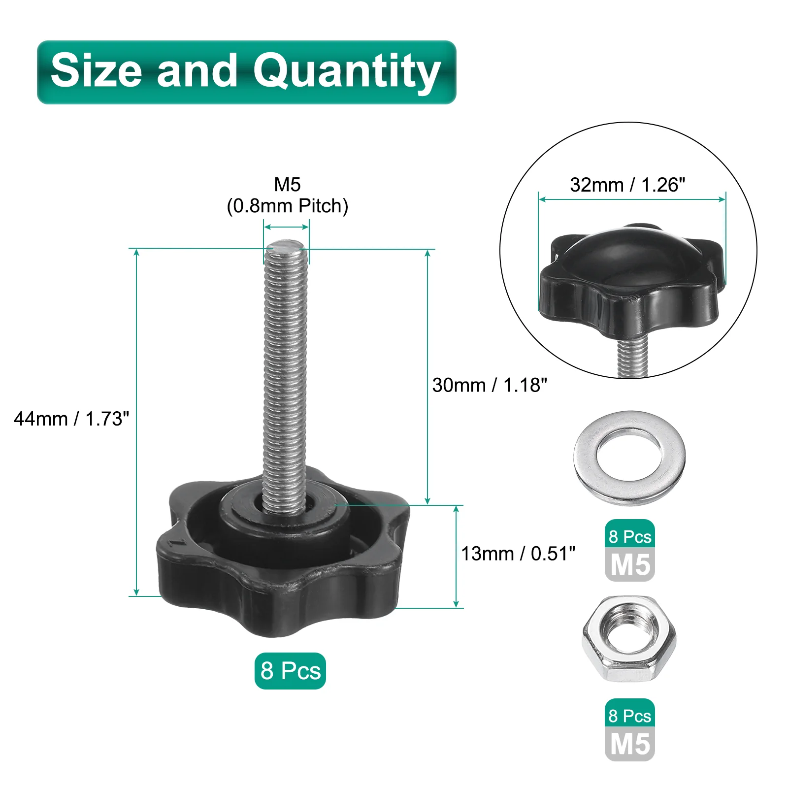 Uxcell 8pcs Star Knobs M5 x 30mm 304 Stainless Steel Stud 32mm 6-Star Head Nuts Washers - Image 2