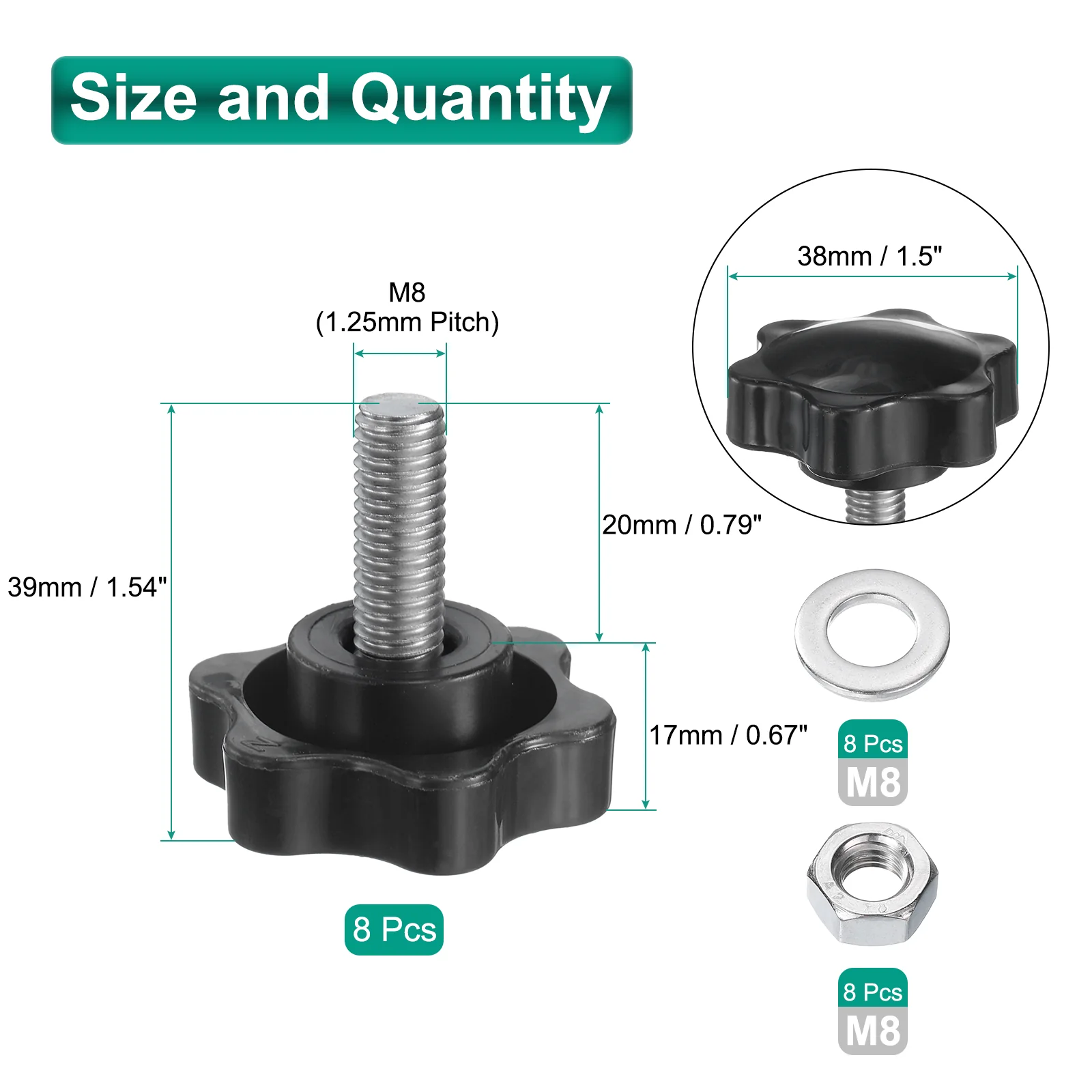 Uxcell 4pcs Star Knobs M8 x 20mm 304 Stainless Steel Stud 38mm 6-Star Head Nuts Washers - Image 2