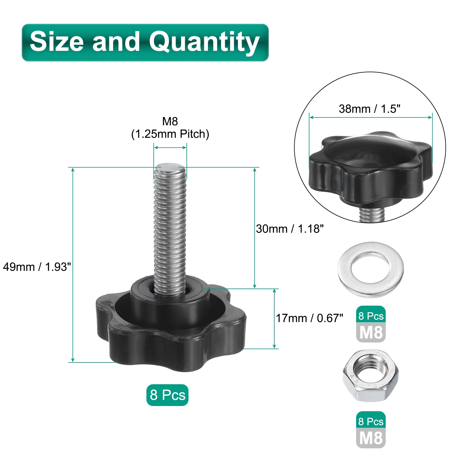 Uxcell 4pcs Star Knobs M8 x 30mm 304 Stainless Steel Stud 38mm 6-Star Head Nuts Washers - Image 2