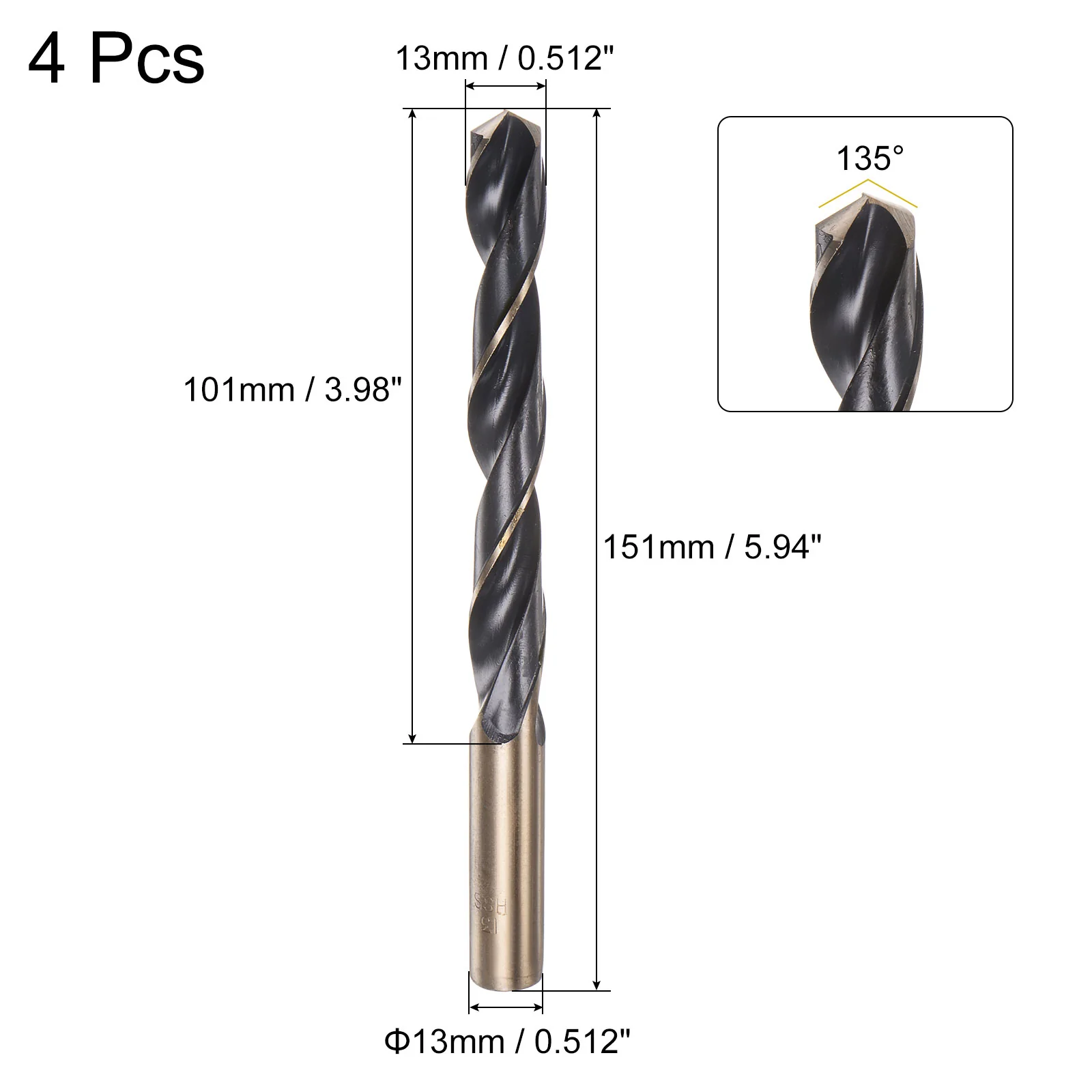 Uxcell 4pcs 13mm Titanium & Nitride Coated M2 High Speed Steel Twist Jobber Drill Bits - Image 2