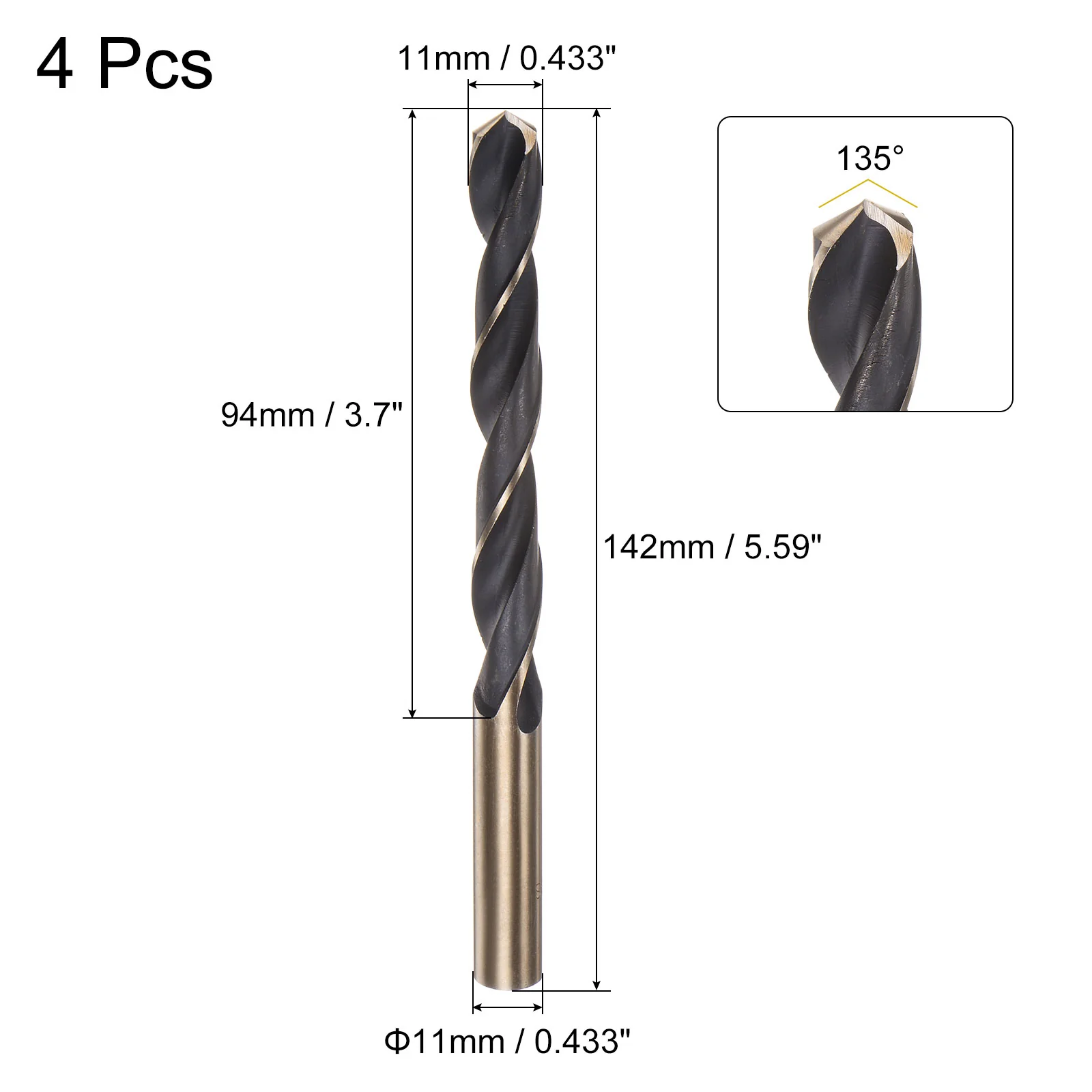 Uxcell 4pcs 11mm Titanium & Nitride Coated M2 High Speed Steel Twist Jobber Drill Bits - Image 2
