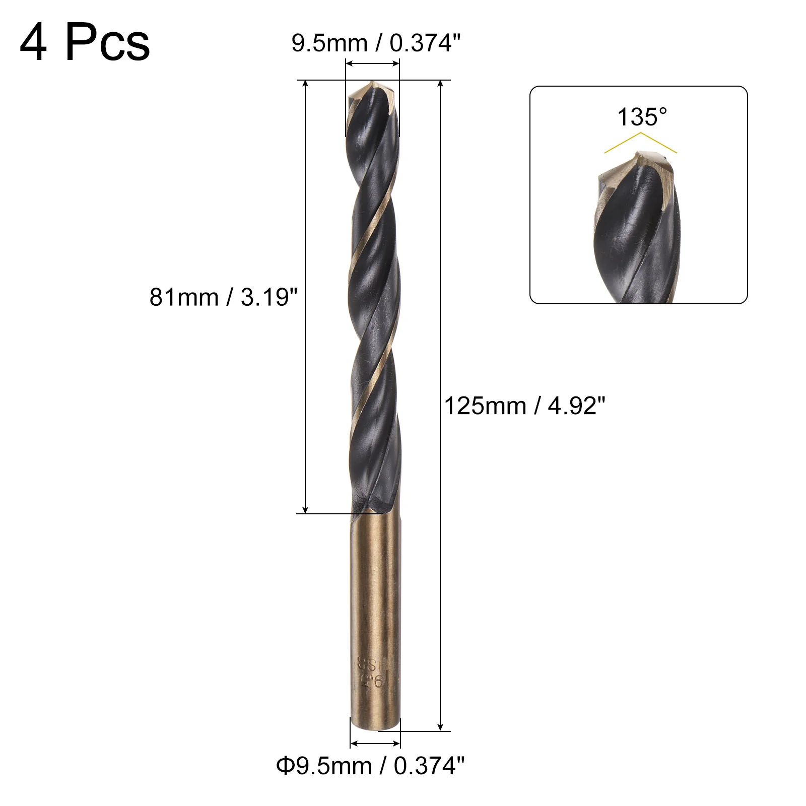 Uxcell 4pcs 9.5mm Titanium & Nitride Coated M2 High Speed Steel Twist Jobber Drill Bits - Image 2
