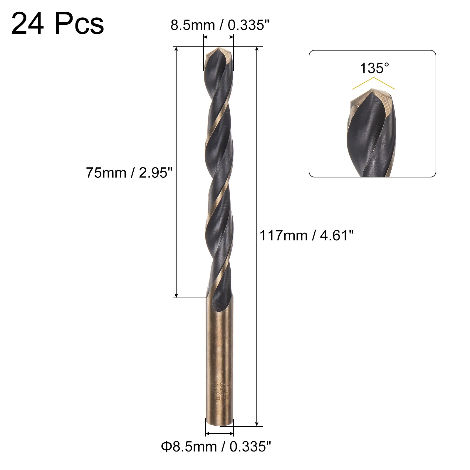 Uxcell 24pcs 8.5mm Titanium & Nitride Coated M2 High Speed Steel Twist Jobber Drill Bit - Image 2