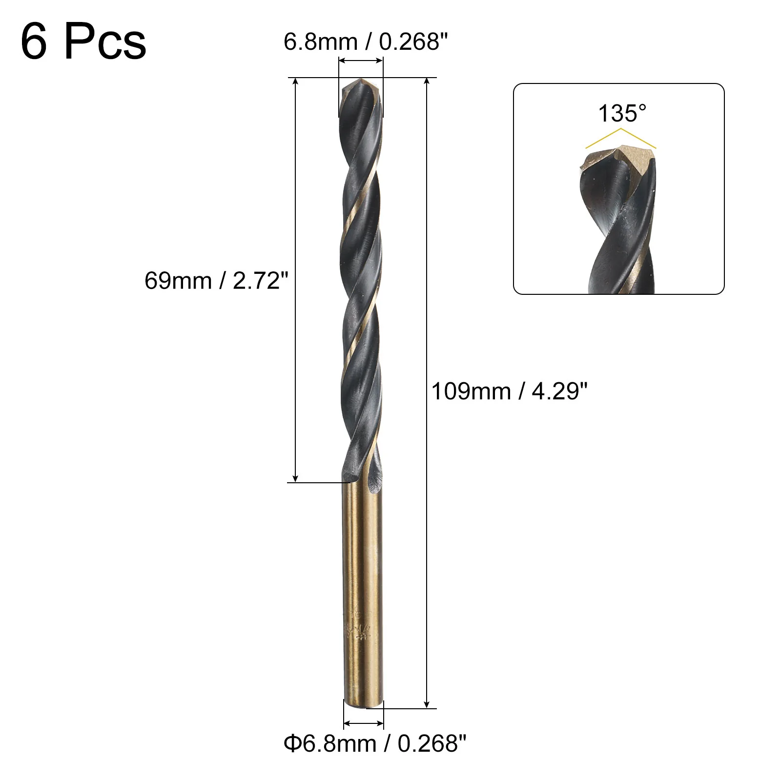 Uxcell 6pcs 6.8mm Titanium & Nitride Coated M2 High Speed Steel Twist Jobber Drill Bits - Image 2