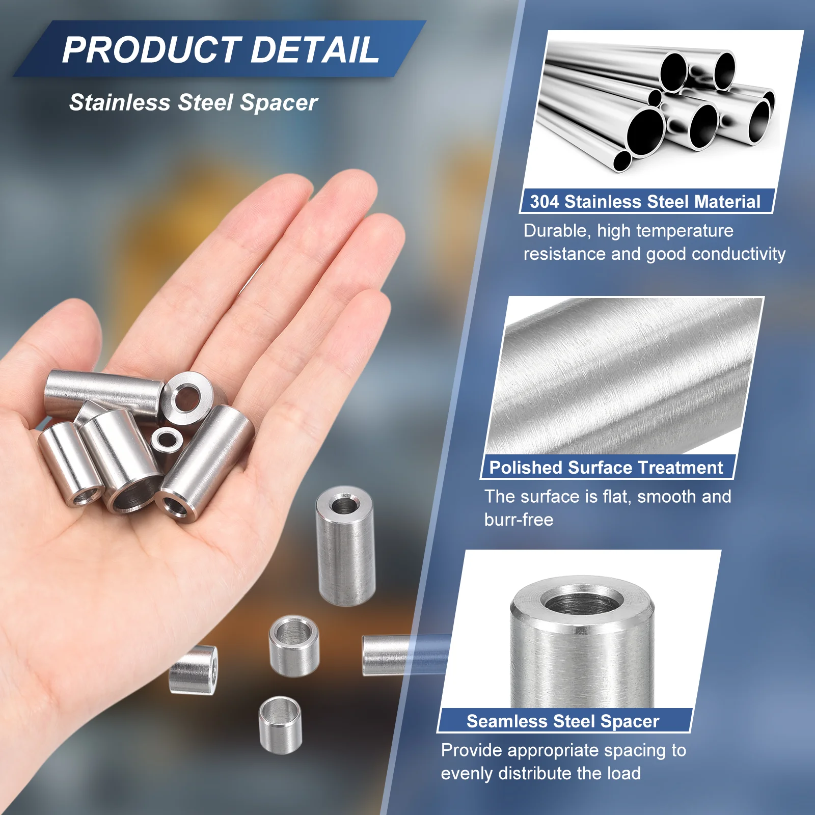 Uxcell 5 Pcs Stainless Steel Spacers, 8mm ID x 10mm OD x 35mmL 304 Stainless Steel Bushing Screw Standoff Unthreaded Round Spacer for 5/16" or M8 Screws Bolts Nuts - Image 3